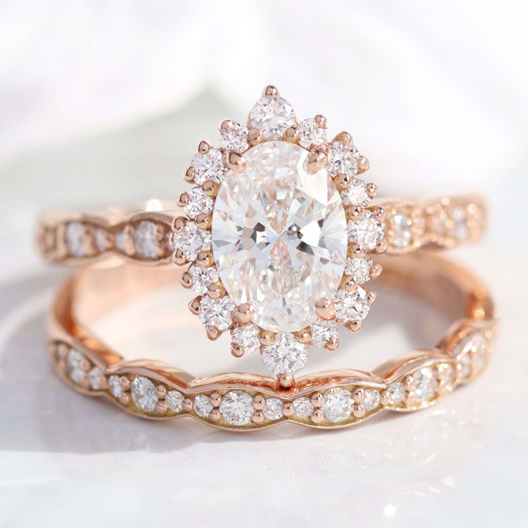 lab diamond ring bridal set rose gold oval diamond halo engagement ring La More Design Jewelry