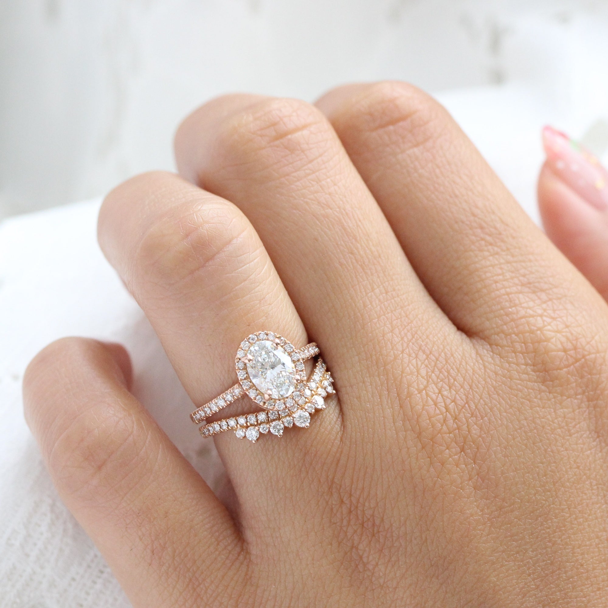 lab diamond ring bridal set rose gold oval diamond halo engagement ring La More Design Jewelry