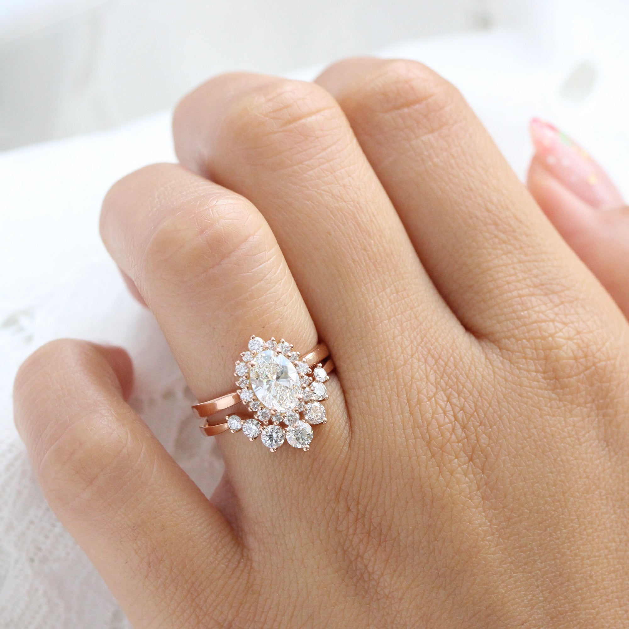 lab diamond ring bridal set rose gold oval diamond halo engagement ring La More Design Jewelry