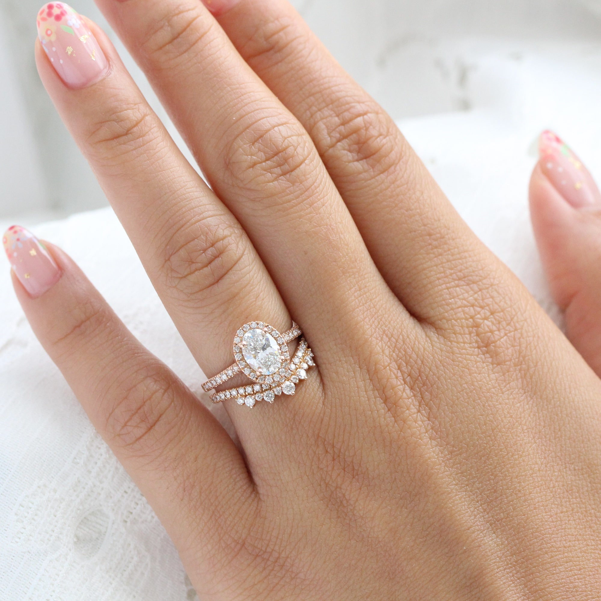 lab diamond ring bridal set rose gold oval diamond halo engagement ring La More Design Jewelry