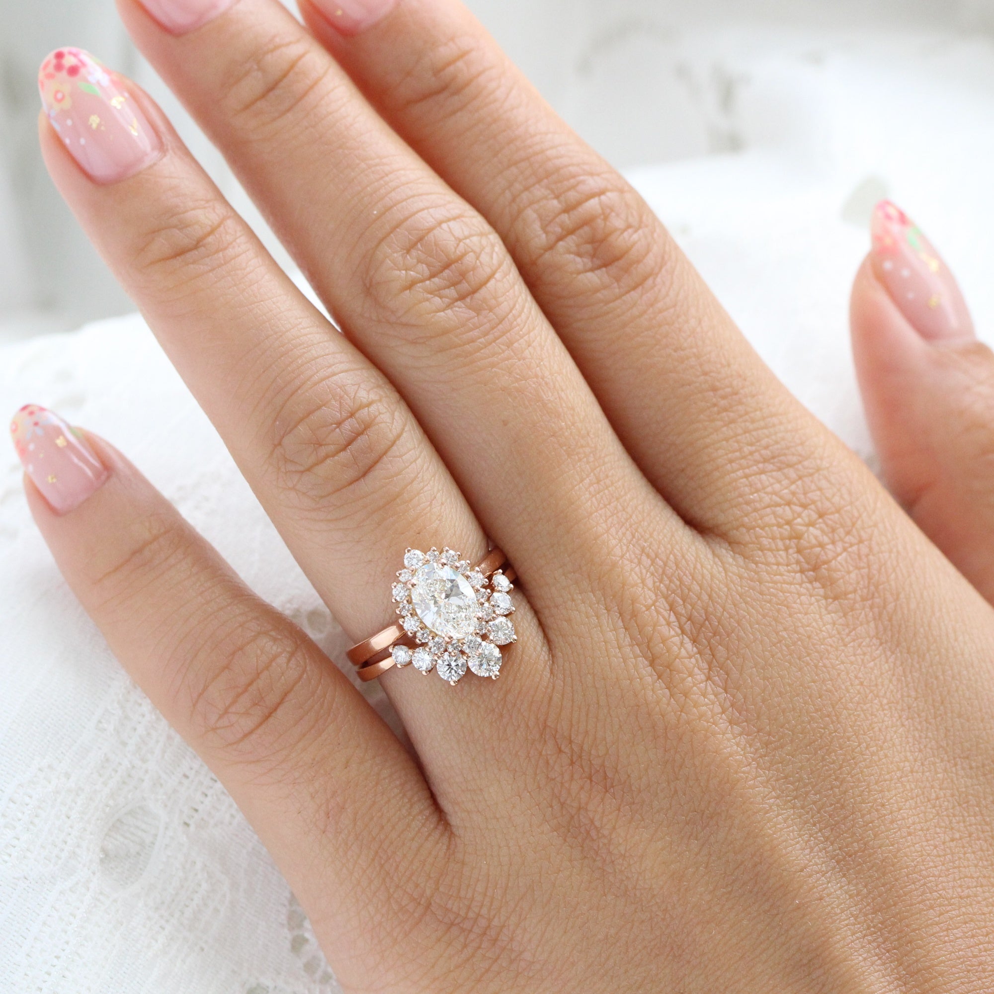 lab diamond ring bridal set rose gold oval diamond halo engagement ring La More Design Jewelry