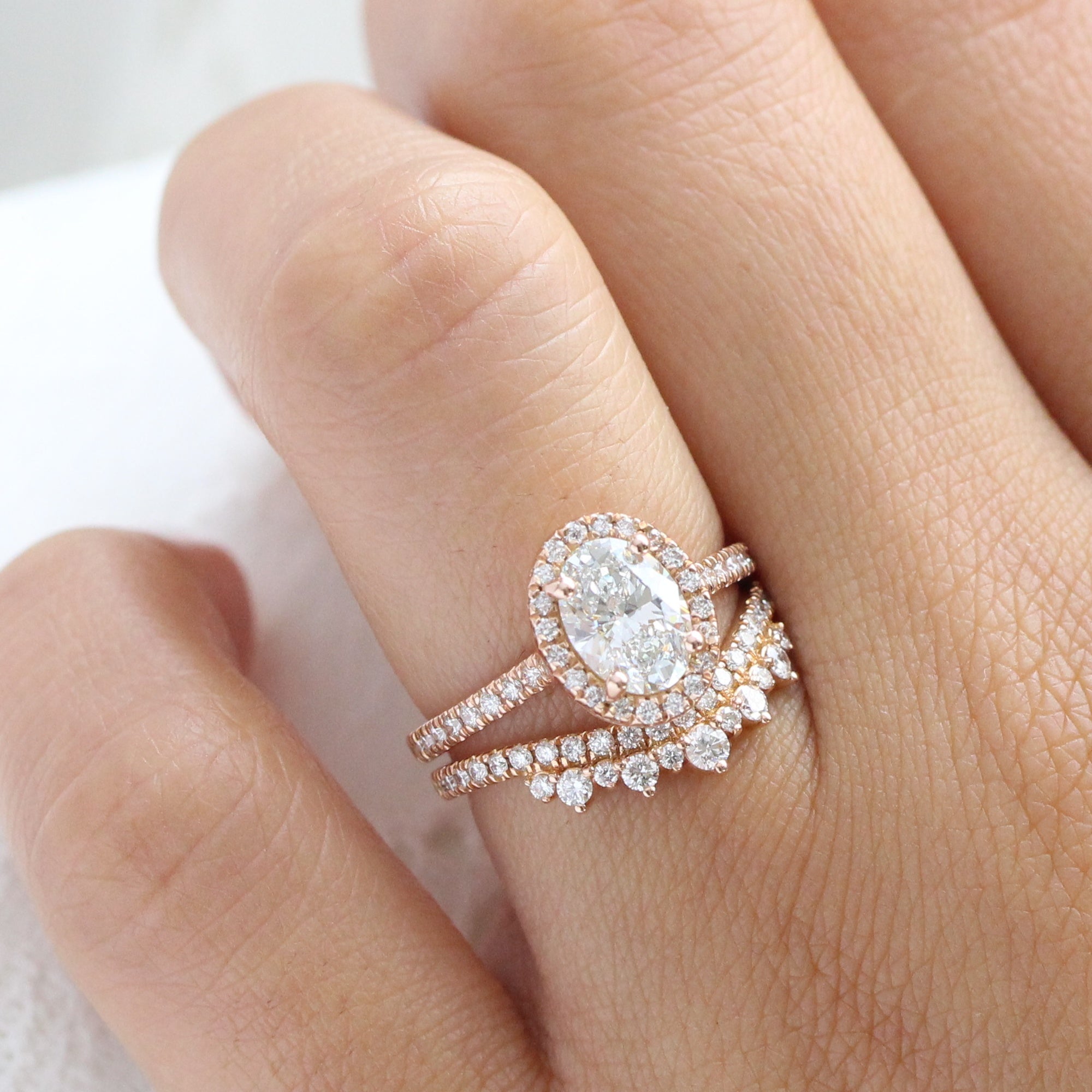 lab diamond ring bridal set rose gold oval diamond halo engagement ring La More Design Jewelry