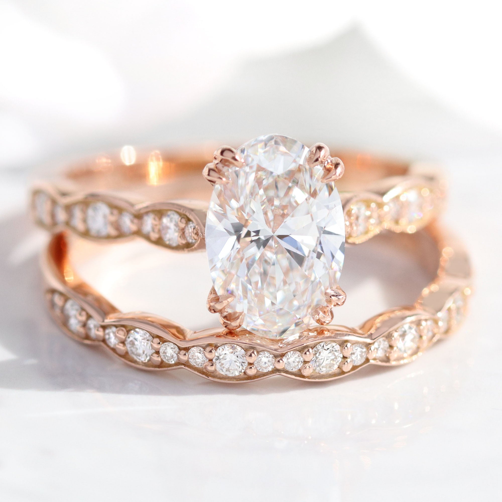 Large Oval Lab Diamond Ring Bridal Set Rose Gold Solitaire Ring Stack | La  More Design