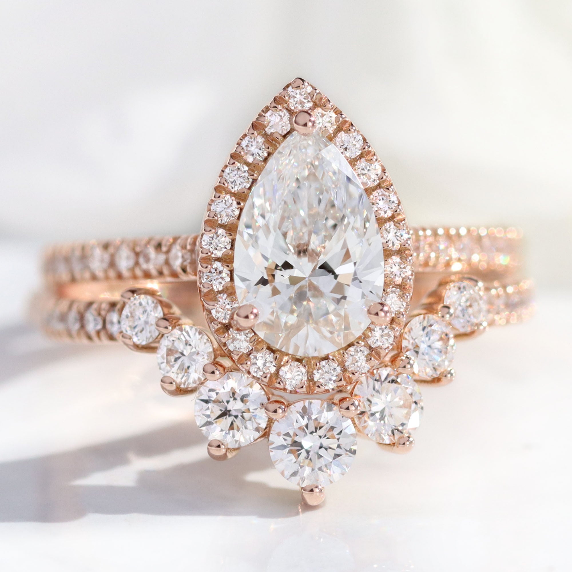 lab diamond ring stack rose gold pear diamond halo engagement ring set La More Design Jewelry