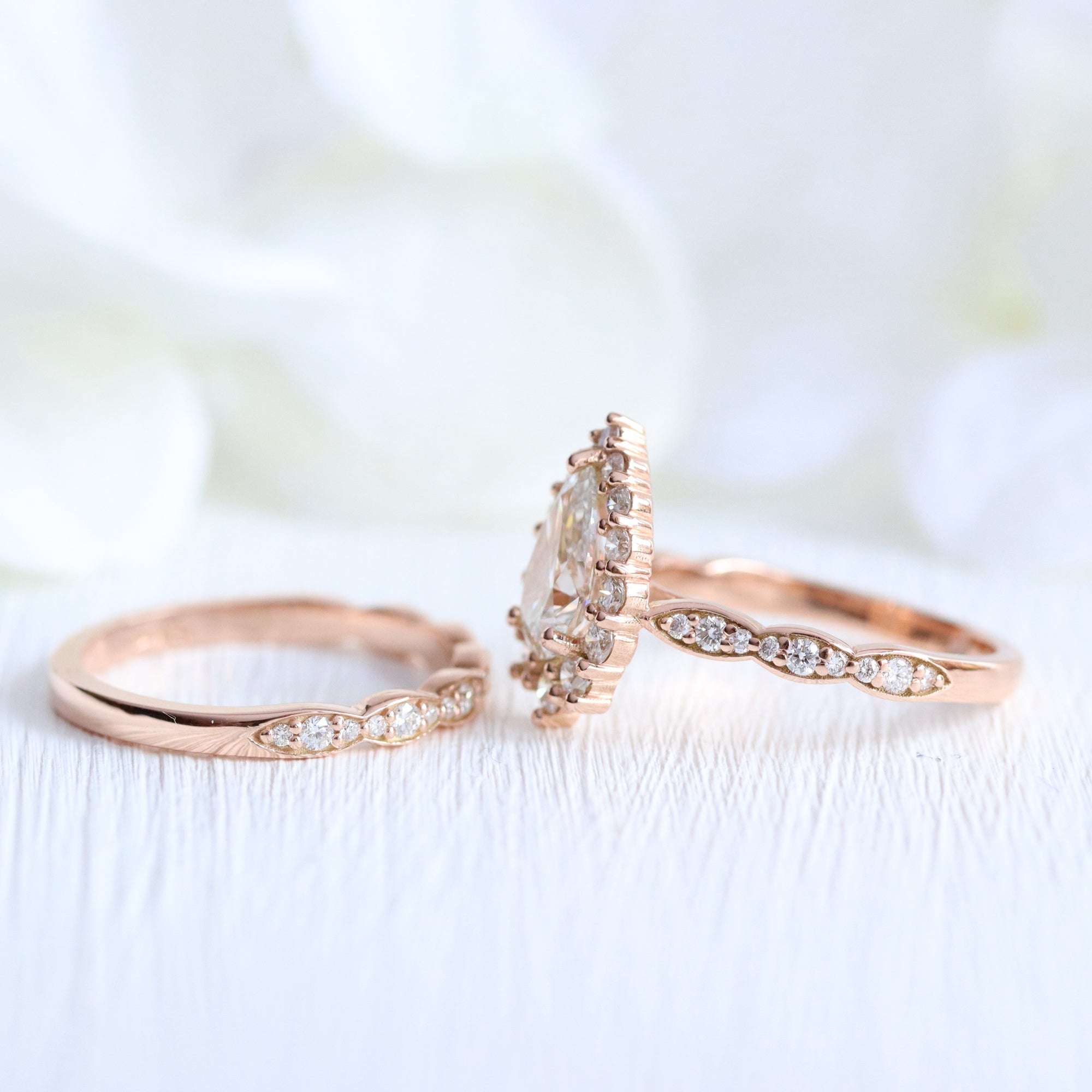 lab diamond ring bridal set rose gold pear diamond halo engagement ring La More Design Jewelry