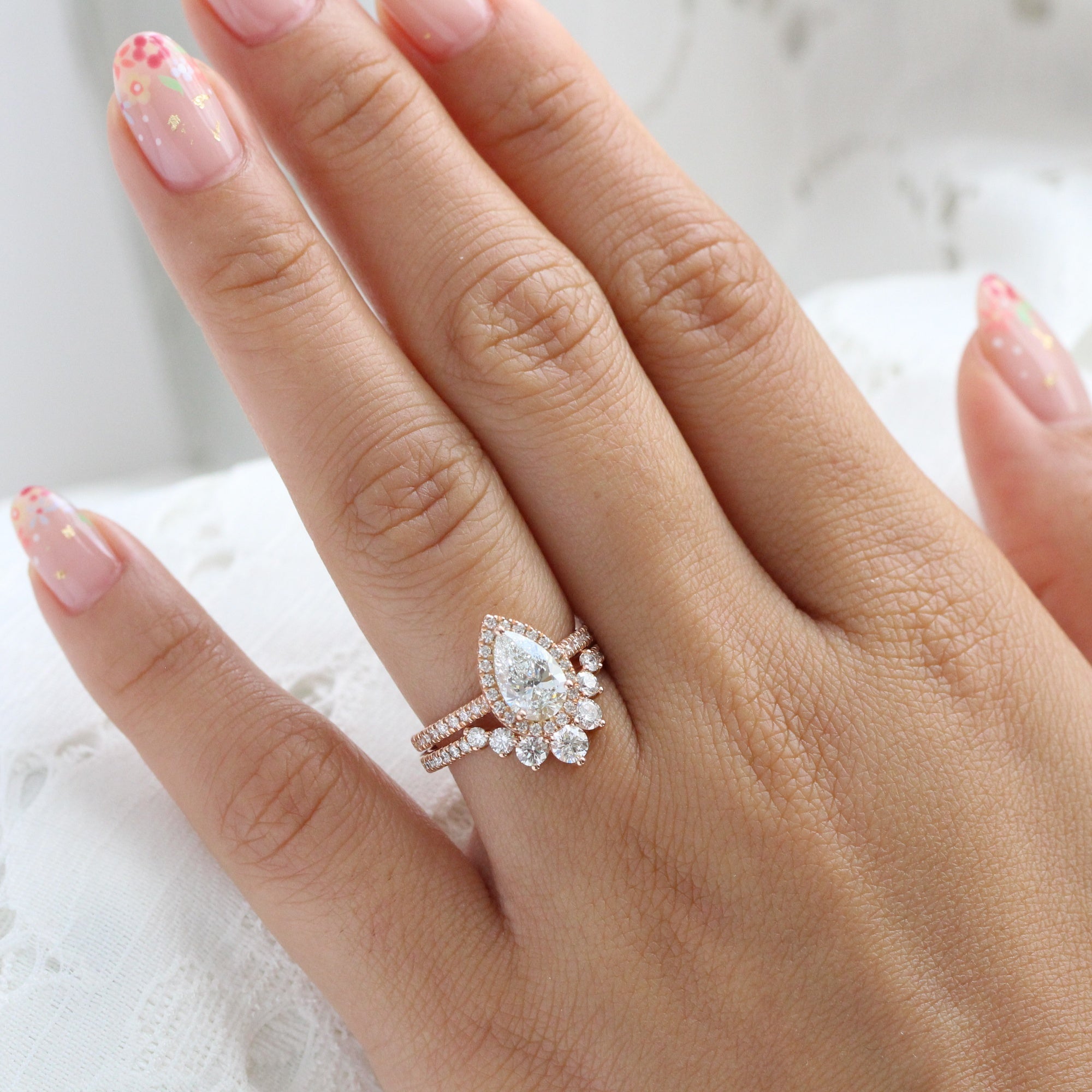 lab diamond ring bridal set rose gold pear diamond halo engagement ring La More Design Jewelry