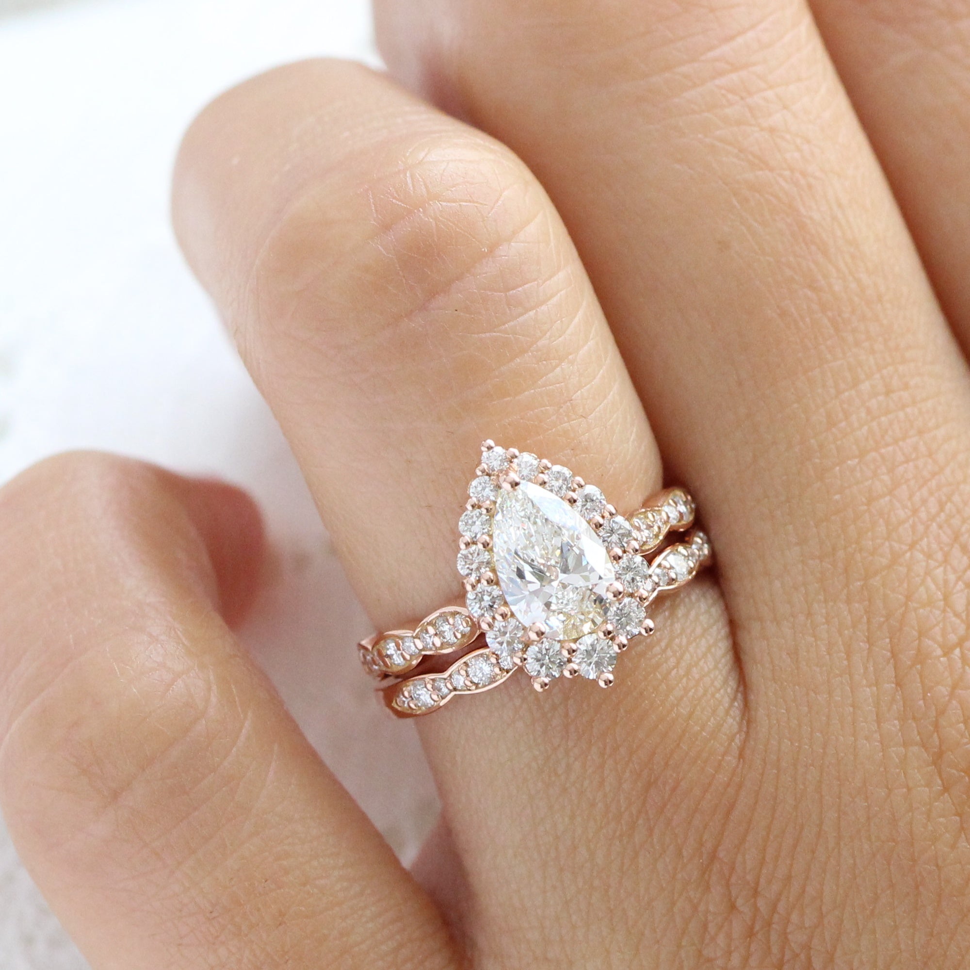 lab diamond ring bridal set rose gold pear diamond halo engagement ring La More Design Jewelry