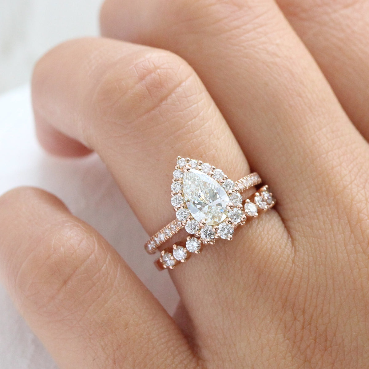 lab diamond ring bridal set rose gold pear diamond halo engagement ring La More Design Jewelry