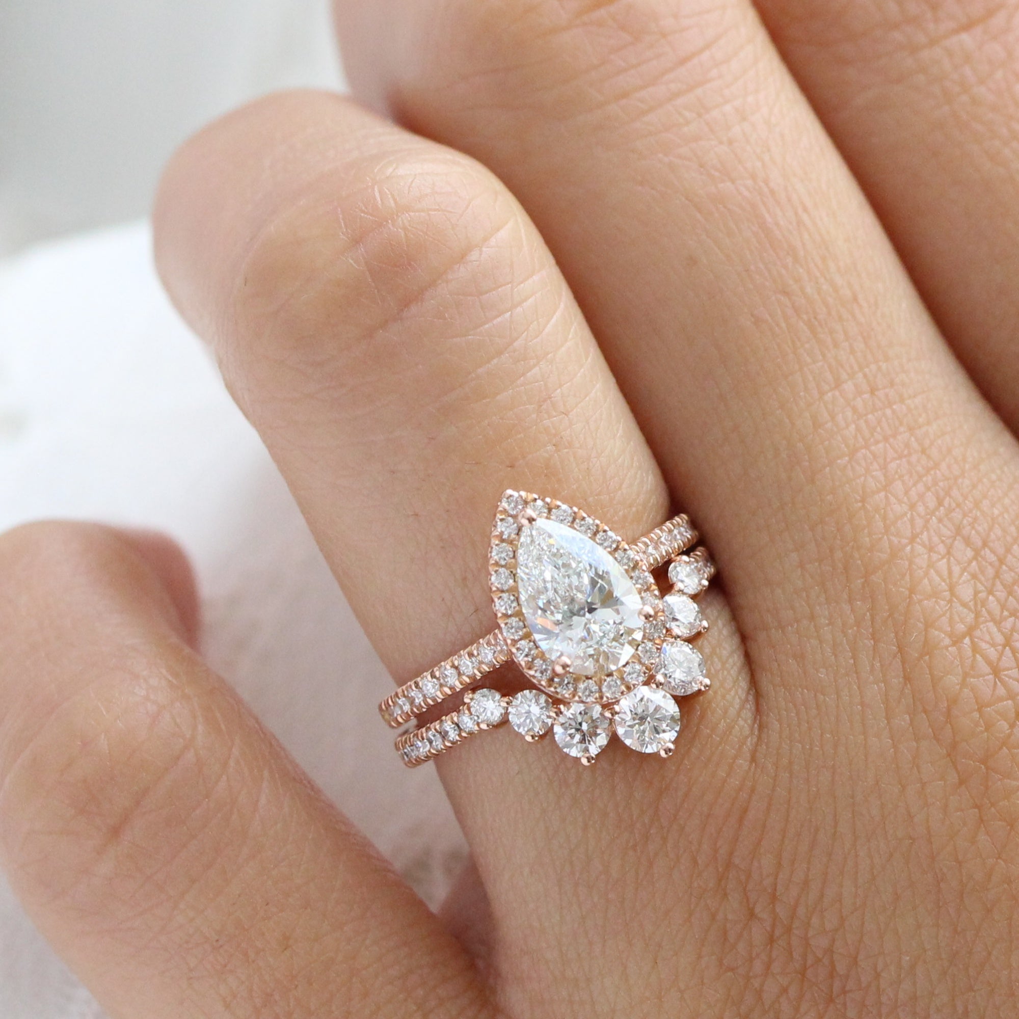lab diamond ring stack rose gold pear diamond halo engagement ring set La More Design Jewelry