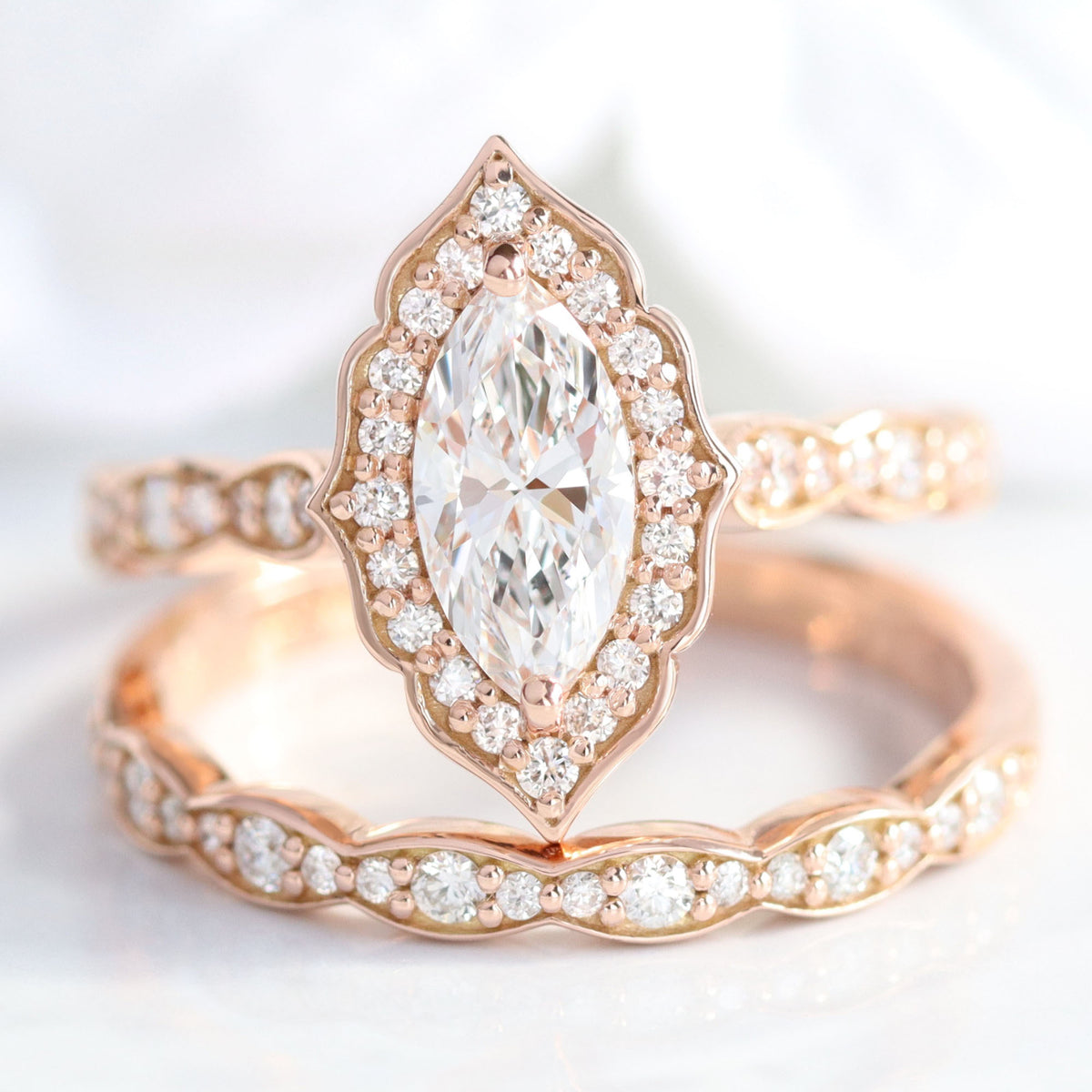 lab diamond ring bridal set rose gold vintage halo marquise diamond engagement ring La More Design Jewelry