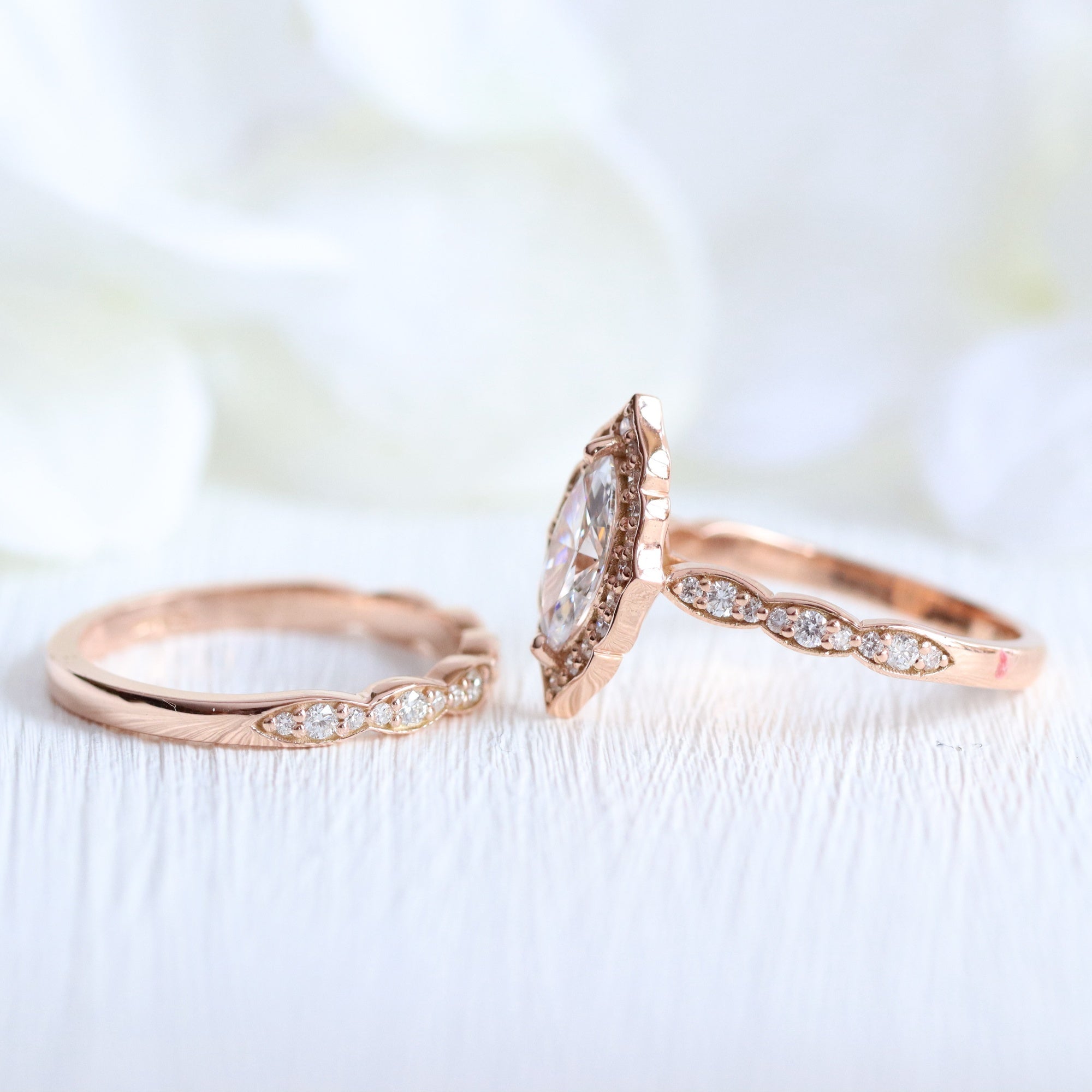 lab diamond ring bridal set rose gold vintage halo marquise diamond engagement ring La More Design Jewelry