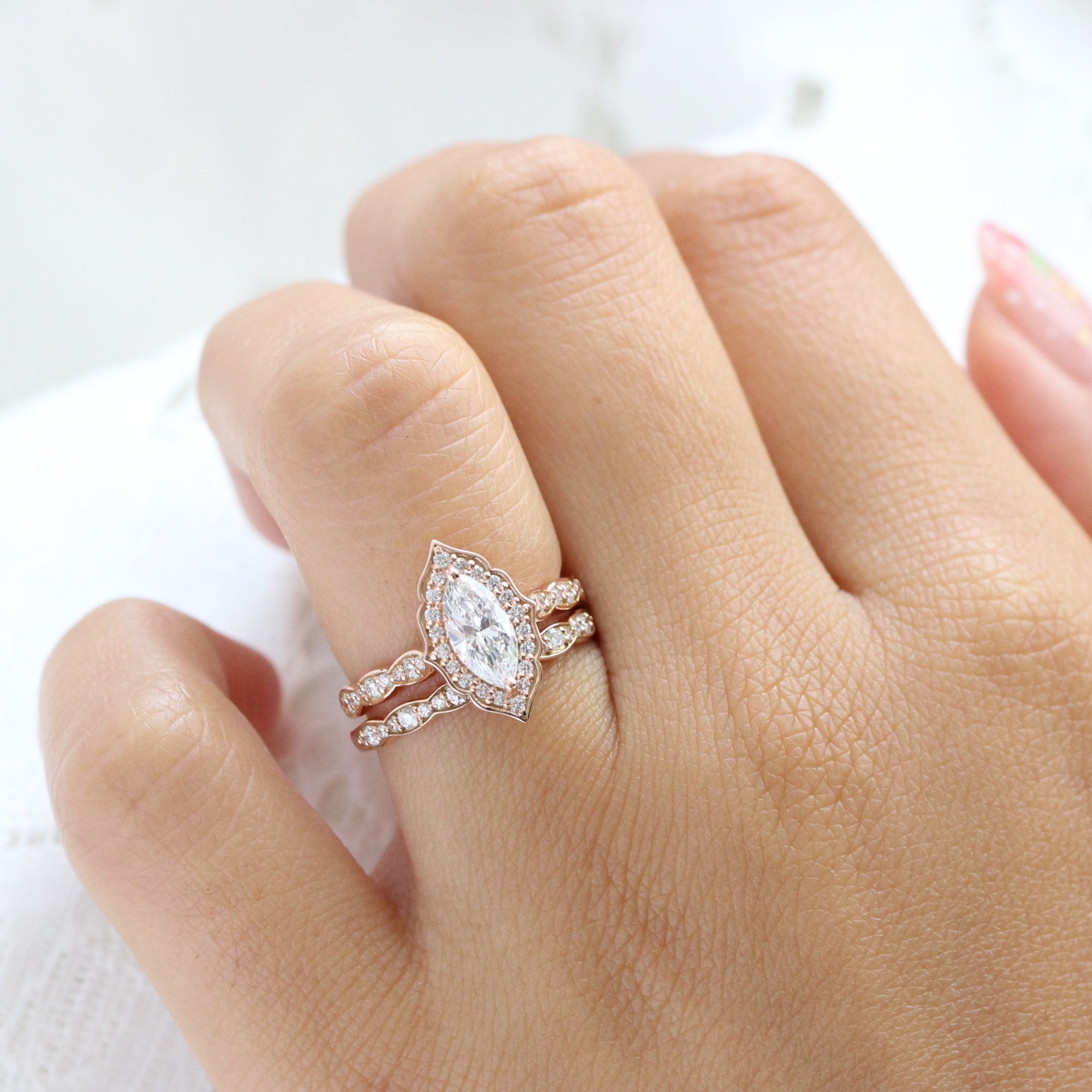 lab diamond ring bridal set rose gold vintage halo marquise diamond engagement ring La More Design Jewelry