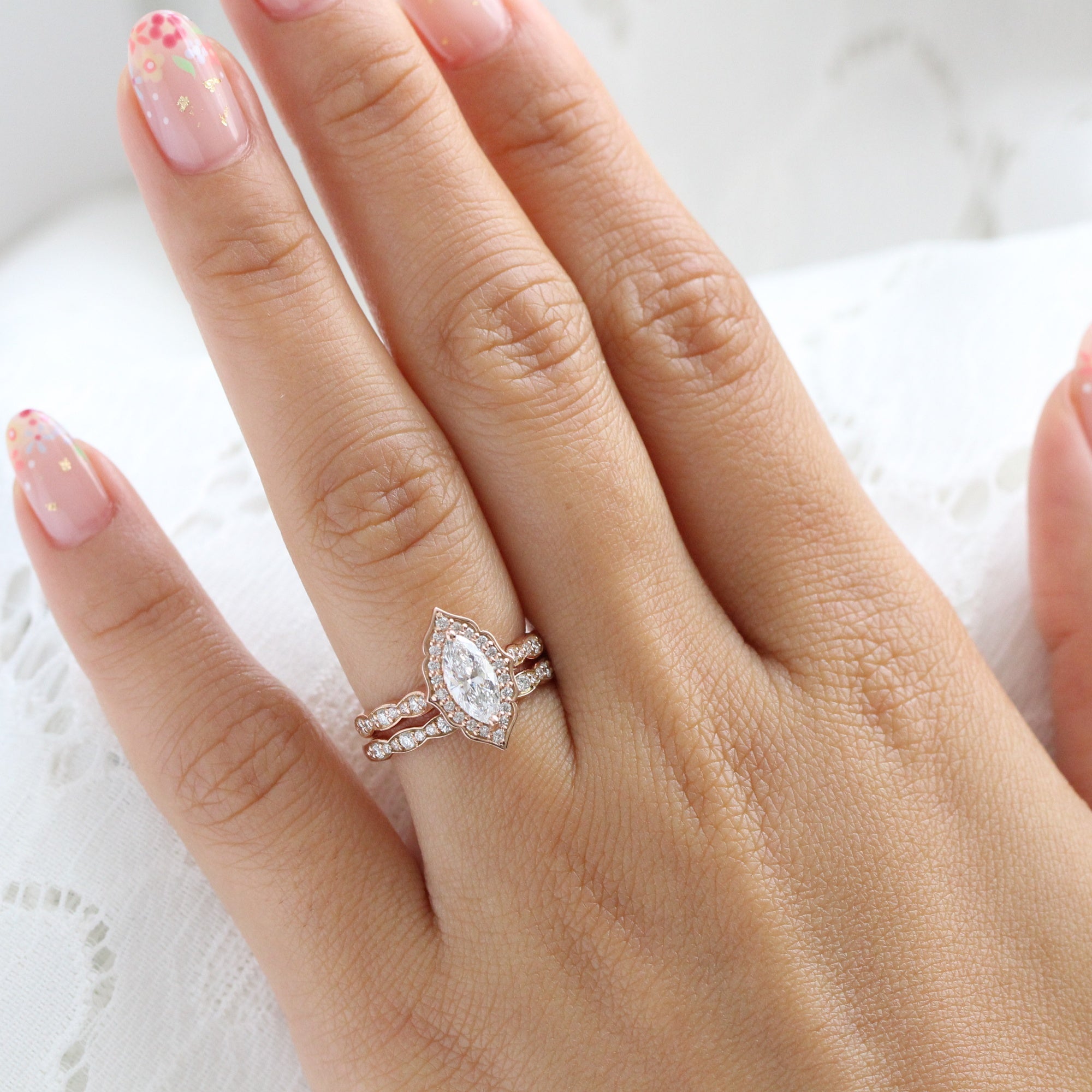 lab diamond ring bridal set rose gold vintage halo marquise diamond engagement ring La More Design Jewelry