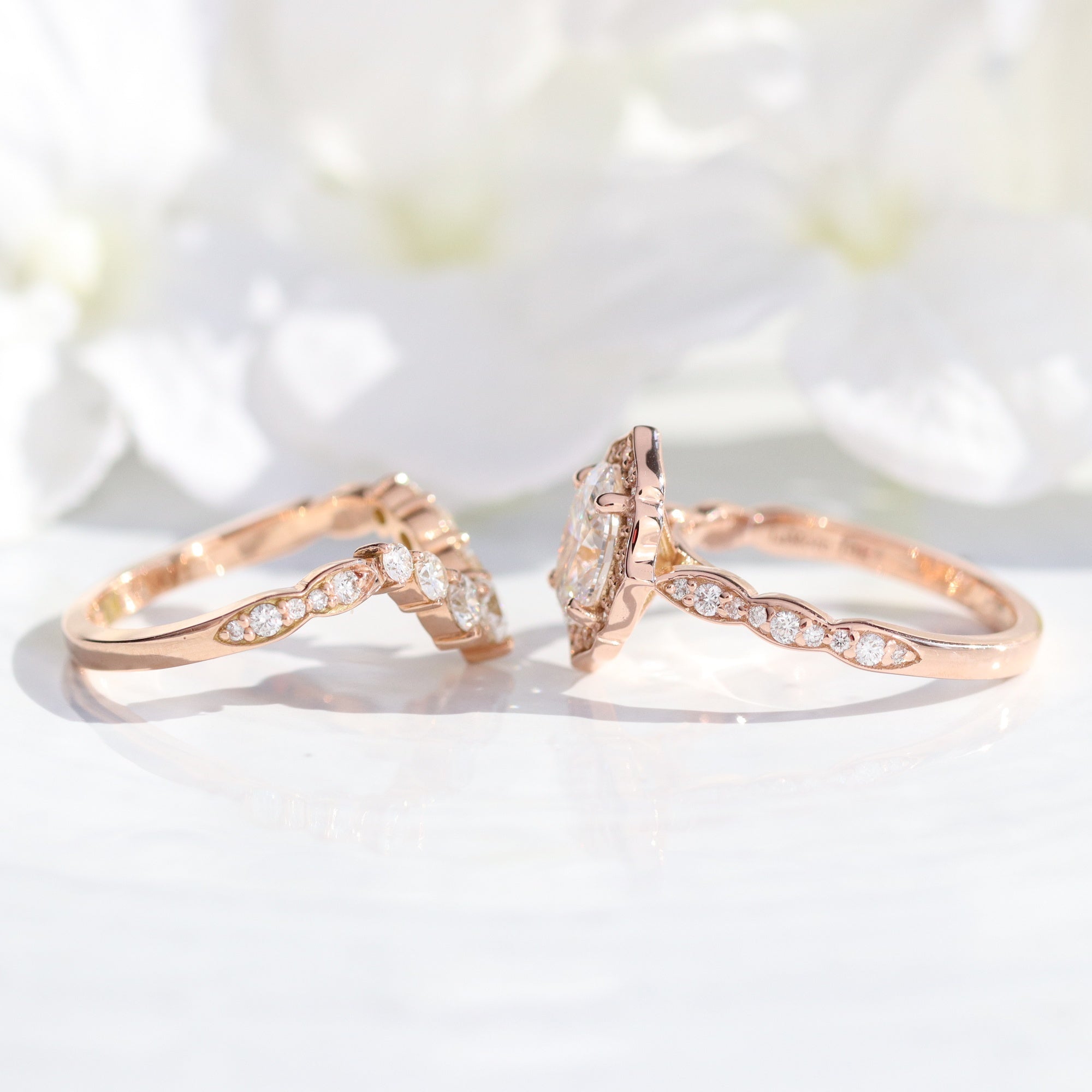 lab diamond ring bridal set rose gold vintage halo oval diamond engagement ring La More Design Jewelry