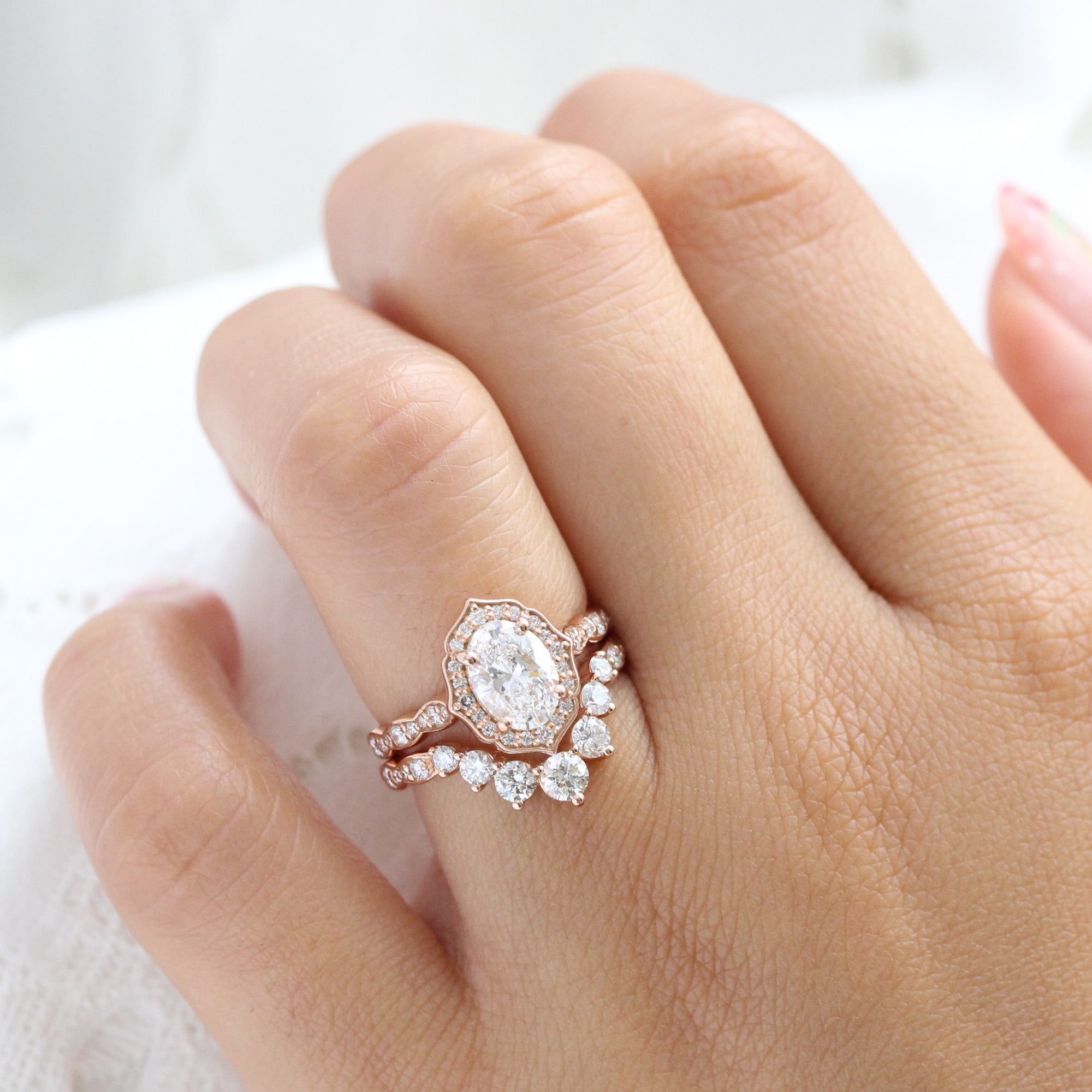 lab diamond ring bridal set rose gold vintage halo oval diamond engagement ring La More Design Jewelry