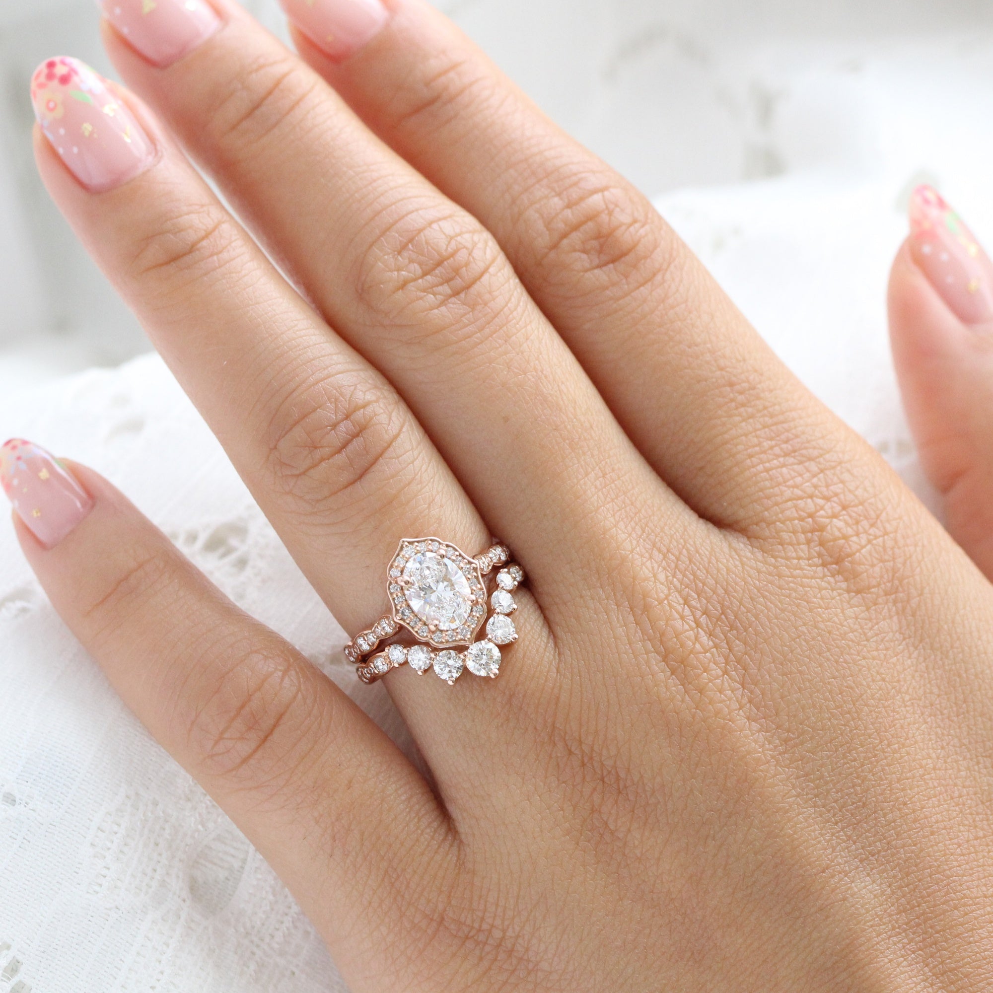 lab diamond ring bridal set rose gold vintage halo oval diamond engagement ring La More Design Jewelry