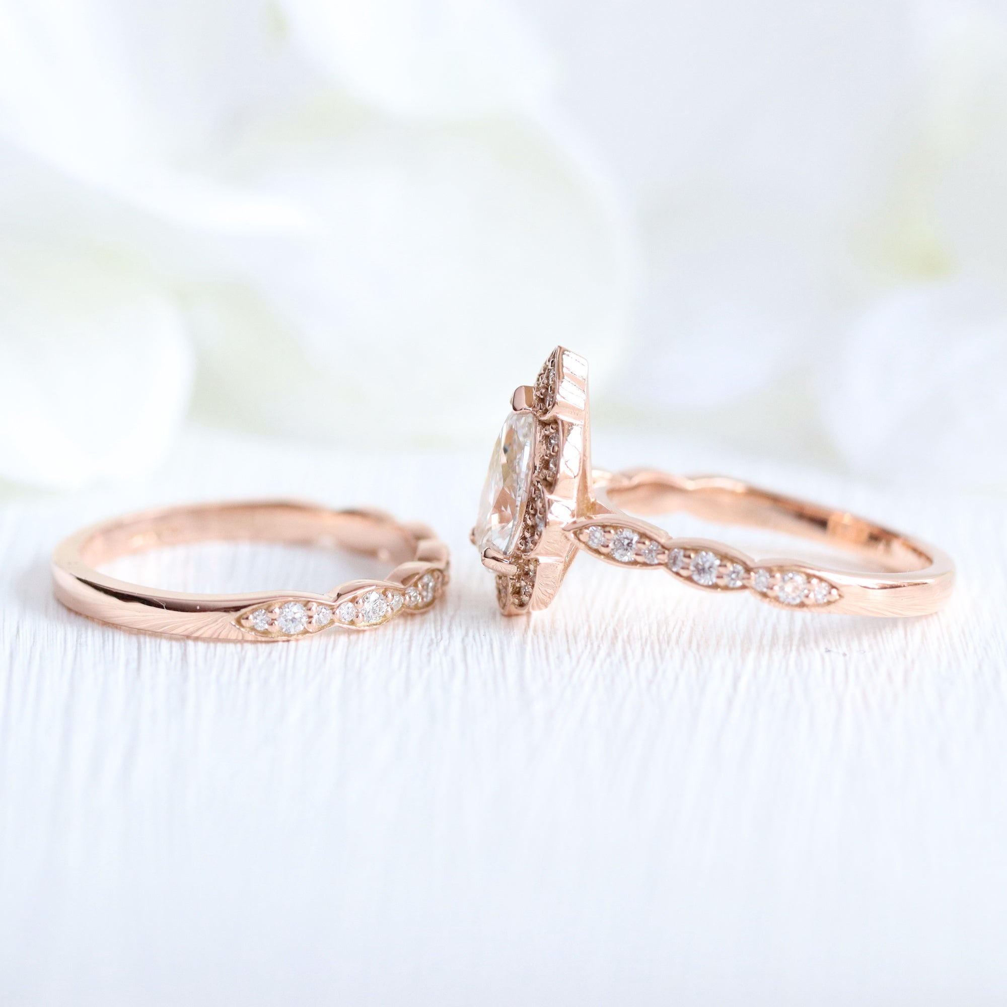 lab diamond ring bridal set rose gold vintage halo pear diamond engagement ring La More Design Jewelry