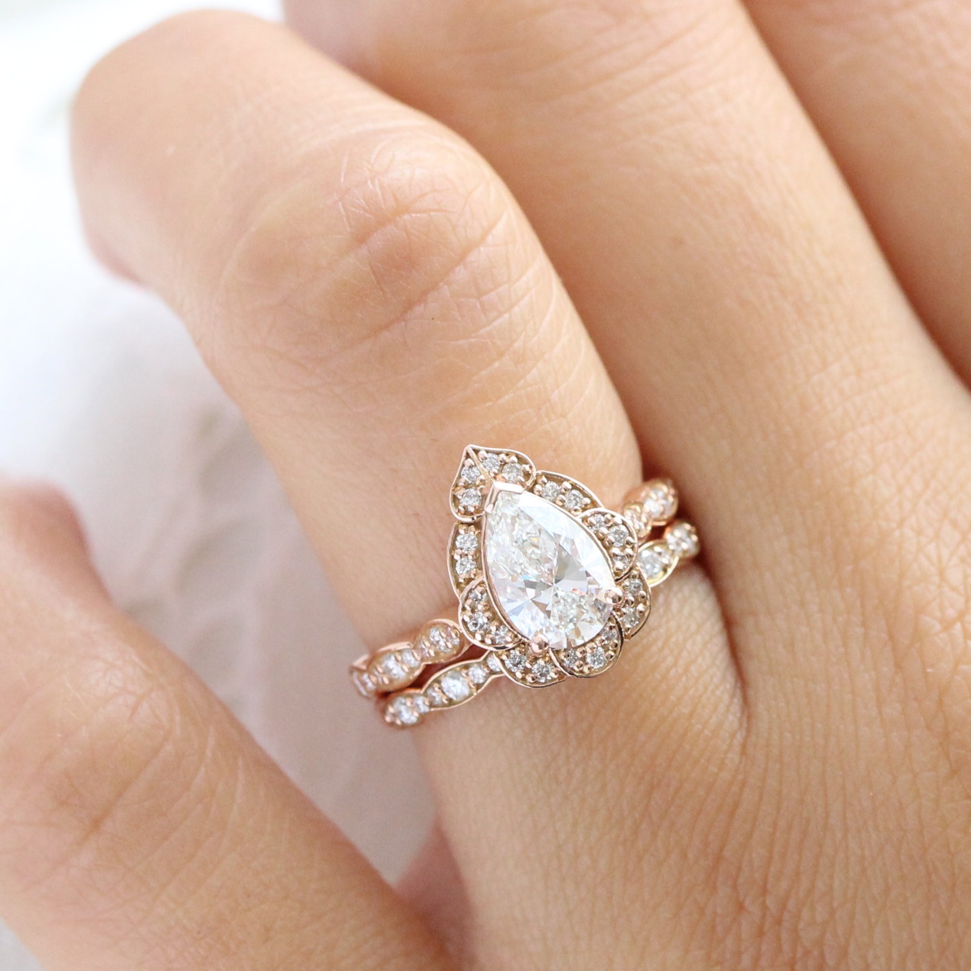 lab diamond ring stack rose gold vintage halo pear diamond engagement ring set La More Design Jewelry