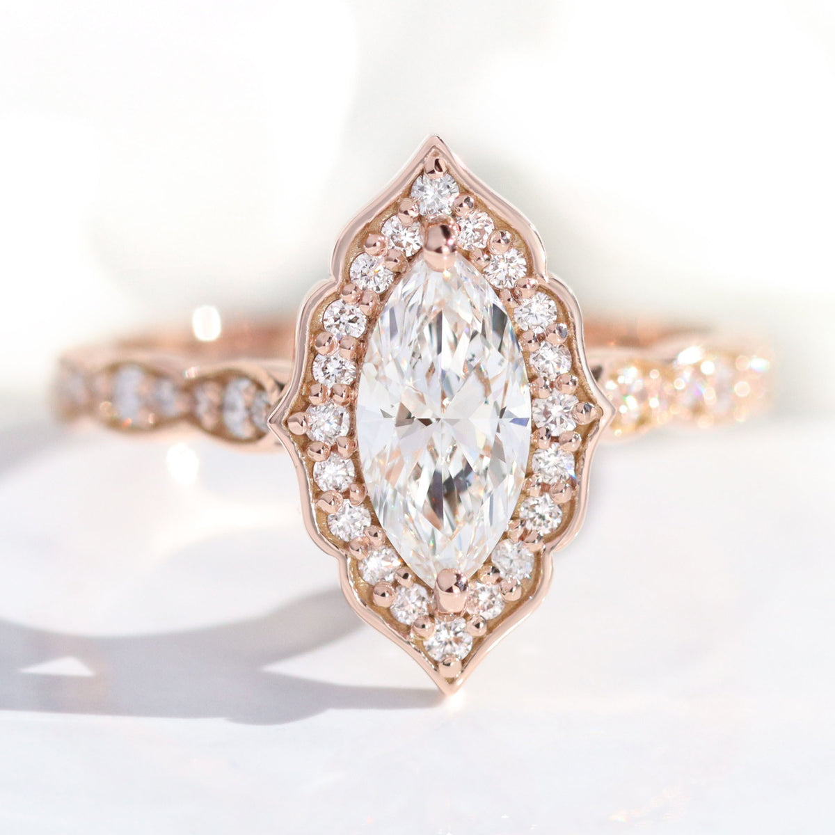lab diamond ring rose gold halo marquise diamond engagement ring La More Design Jewelry