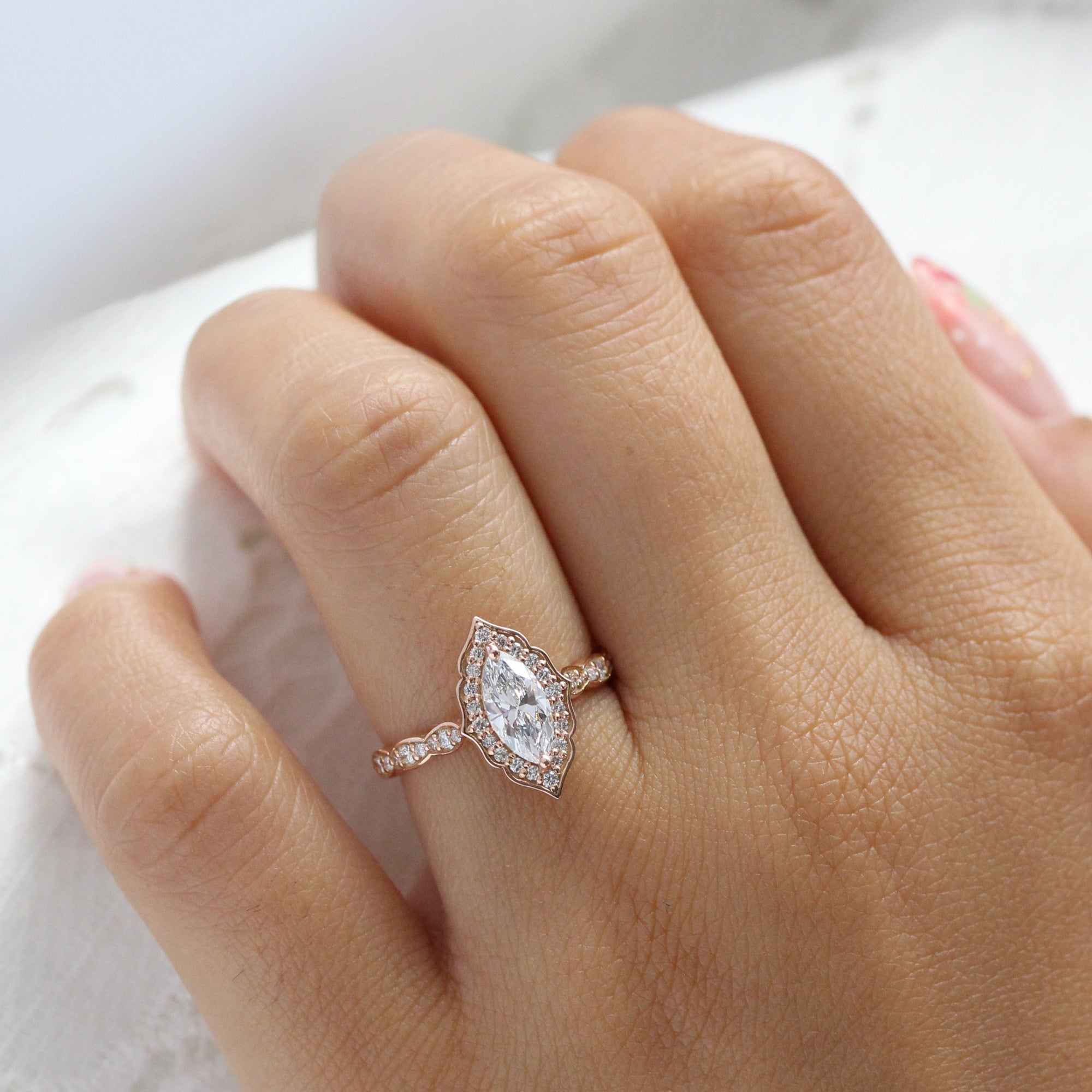 lab diamond ring rose gold halo marquise diamond engagement ring La More Design Jewelry