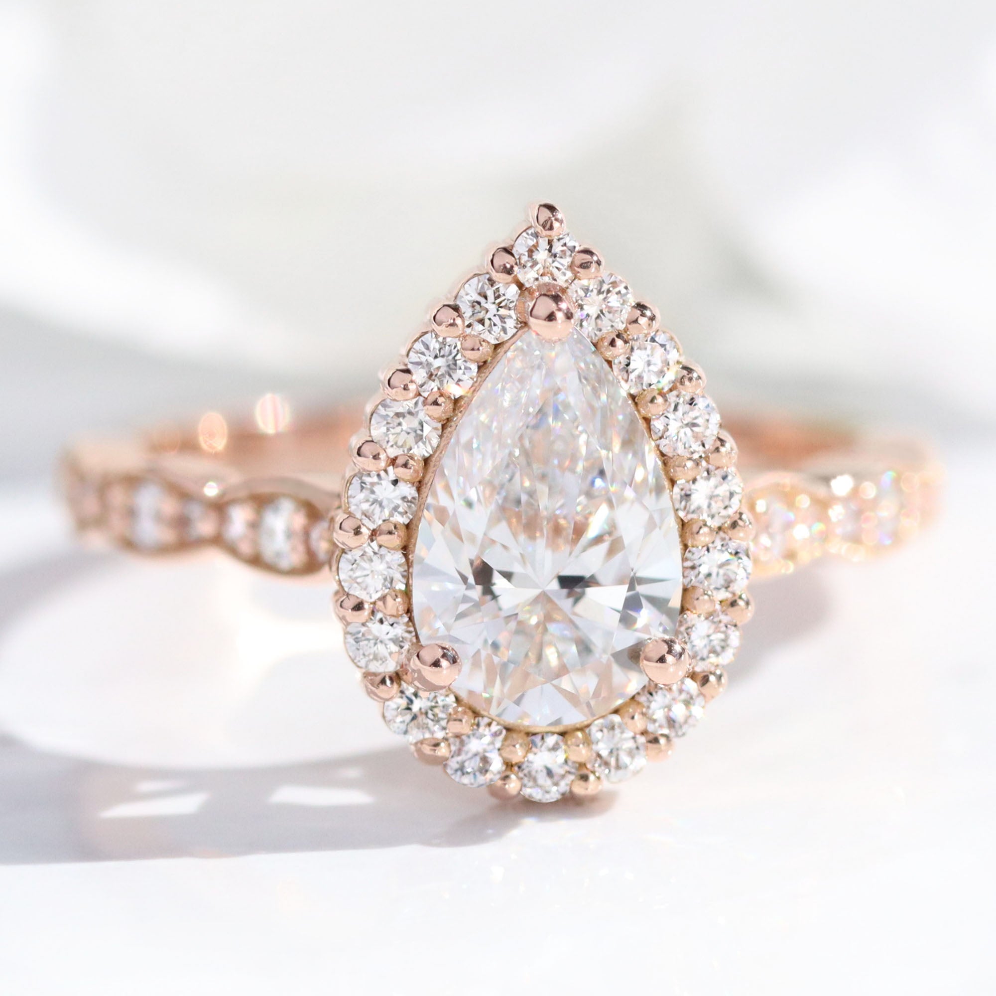 lab diamond ring rose gold halo pear diamond engagement ring La More Design Jewelry