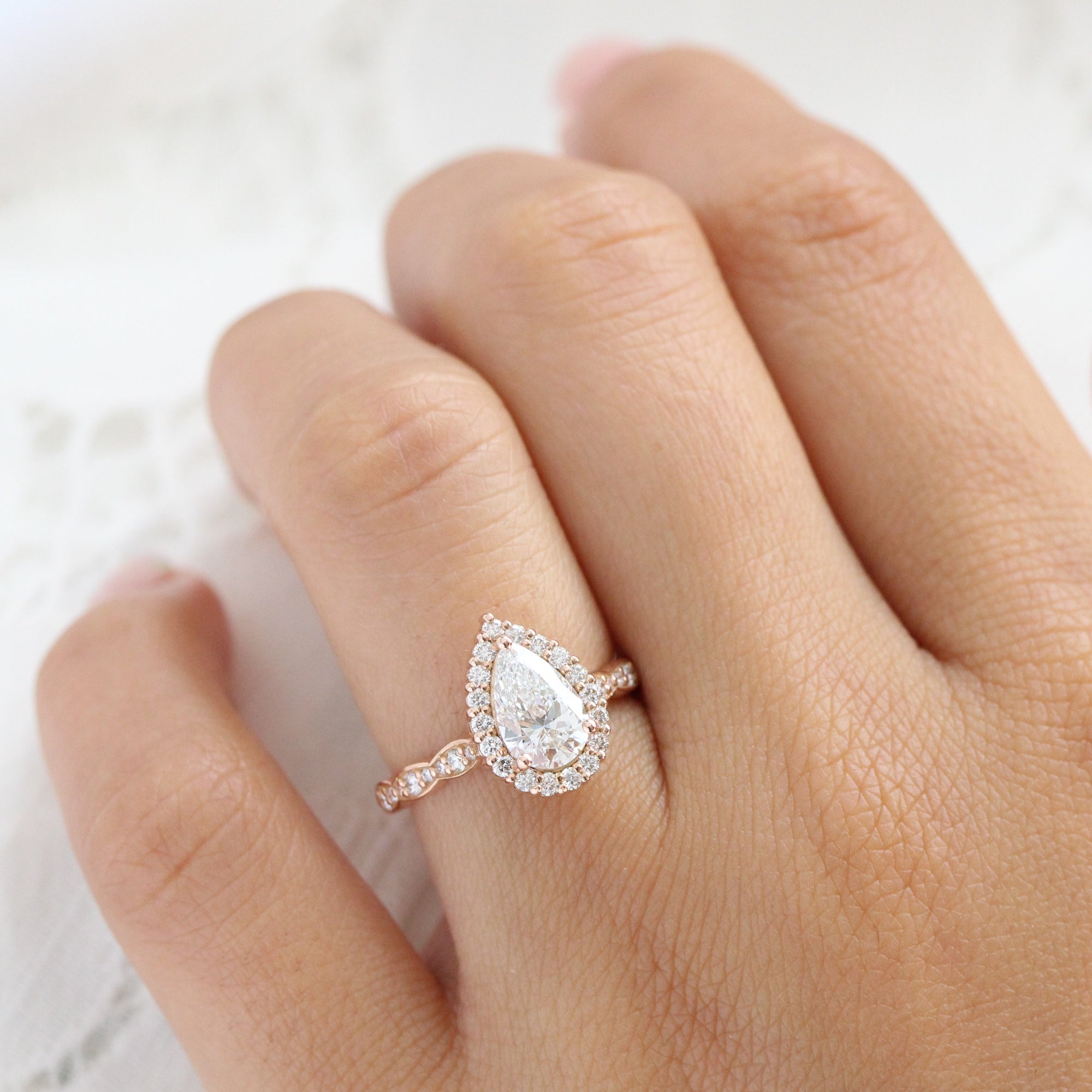 lab diamond ring rose gold halo pear diamond engagement ring La More Design Jewelry