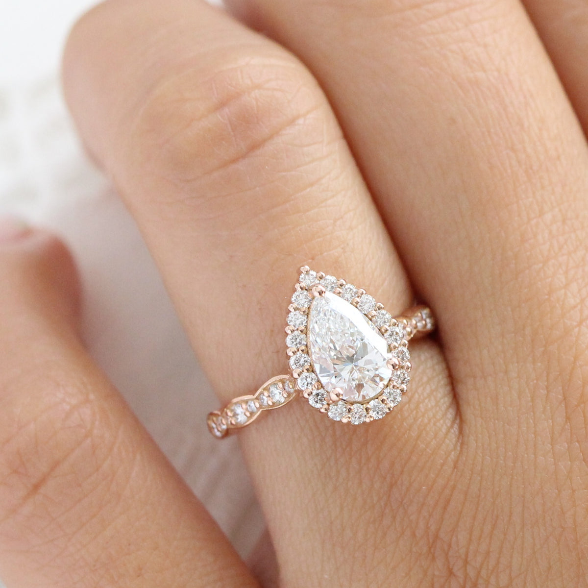 lab diamond ring rose gold halo pear diamond engagement ring La More Design Jewelry