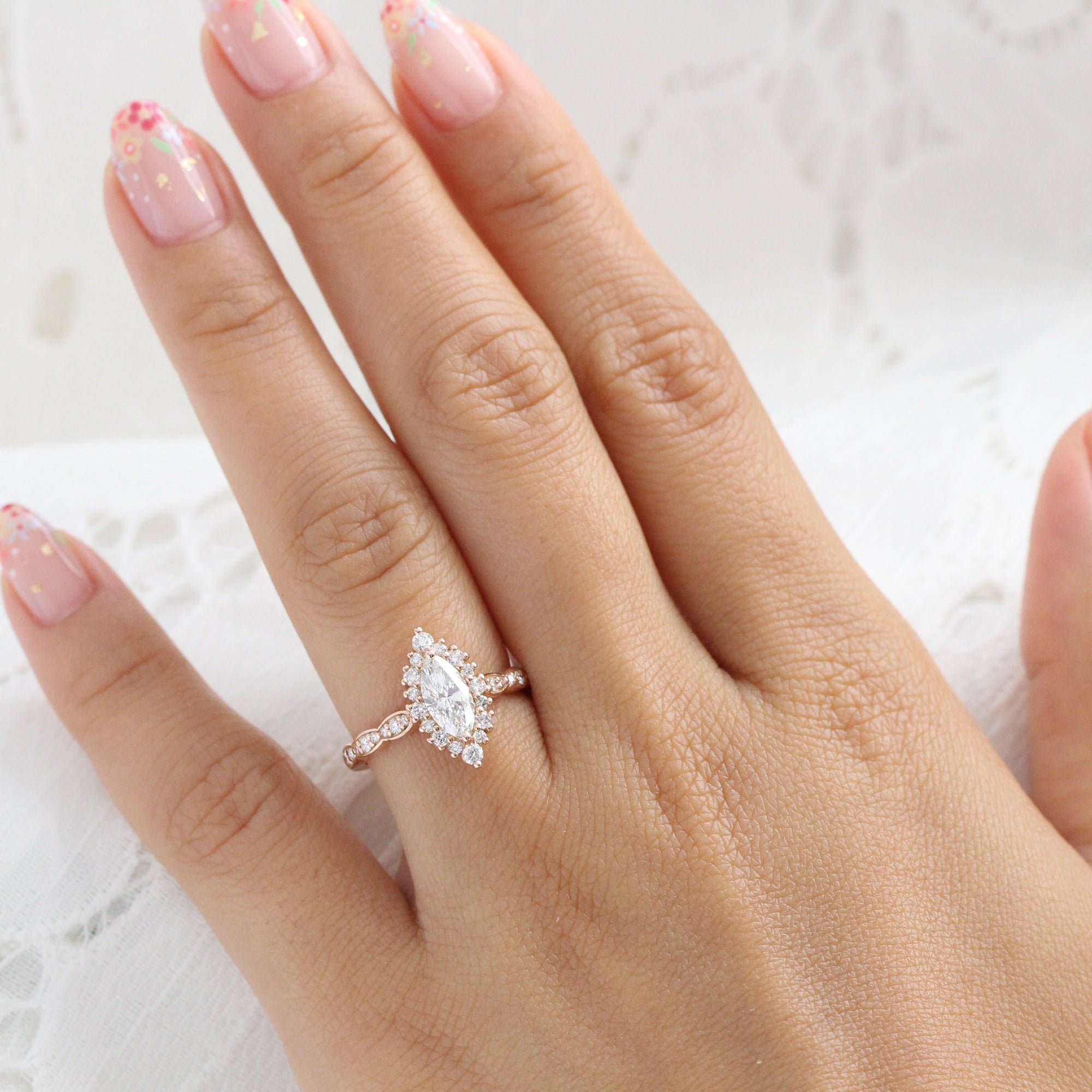 lab diamond ring rose gold marquise diamond halo engagement ring La More Design Jewelry
