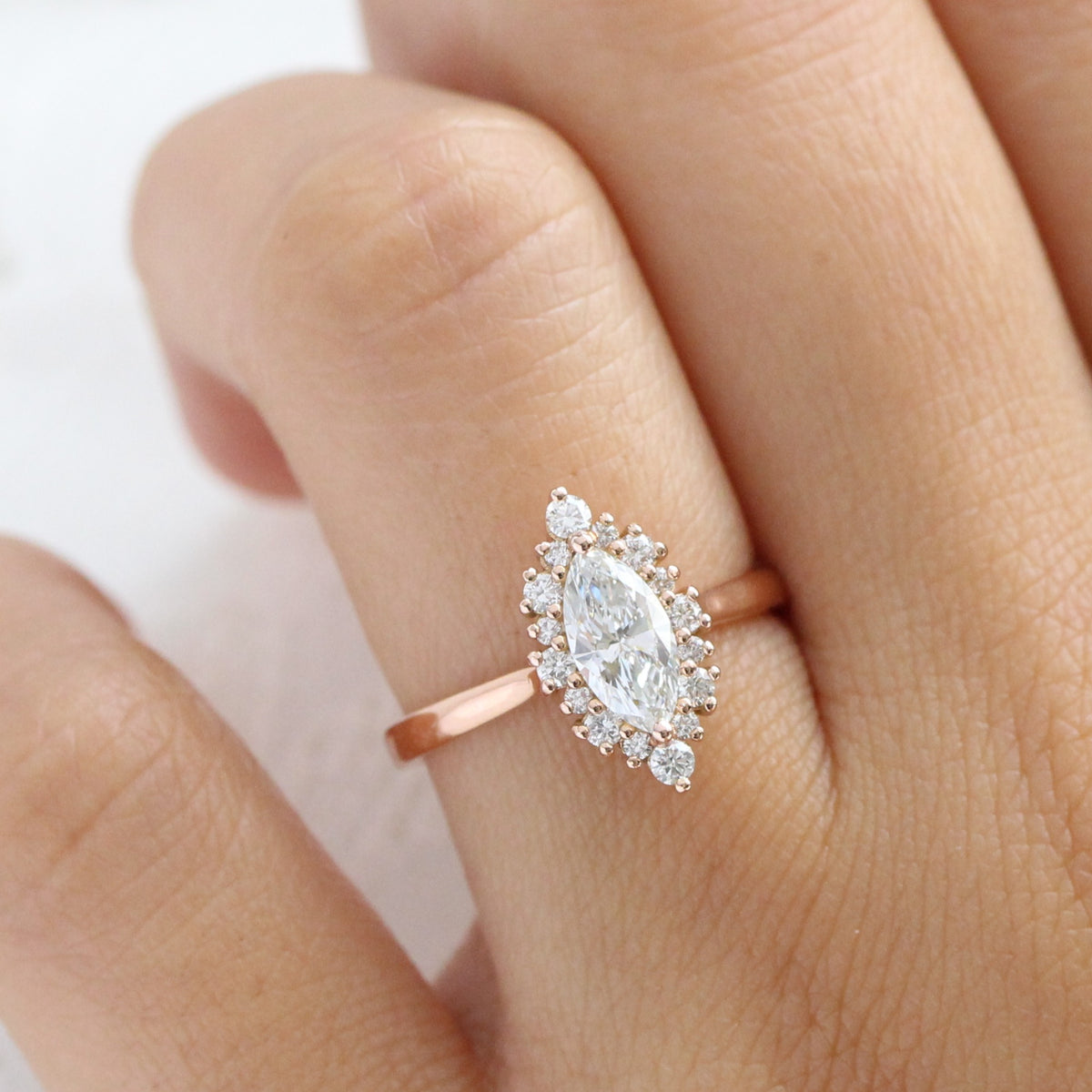 lab diamond ring rose gold marquise diamond halo engagement ring La More Design Jewelry