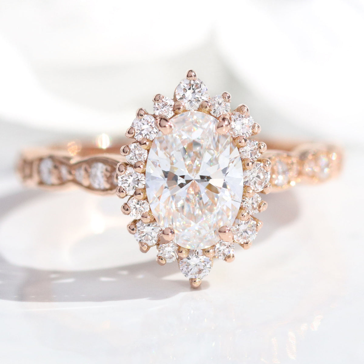 Large Oval Lab Grown Diamond Engagement Ring Gold Cluster Halo Ring ...