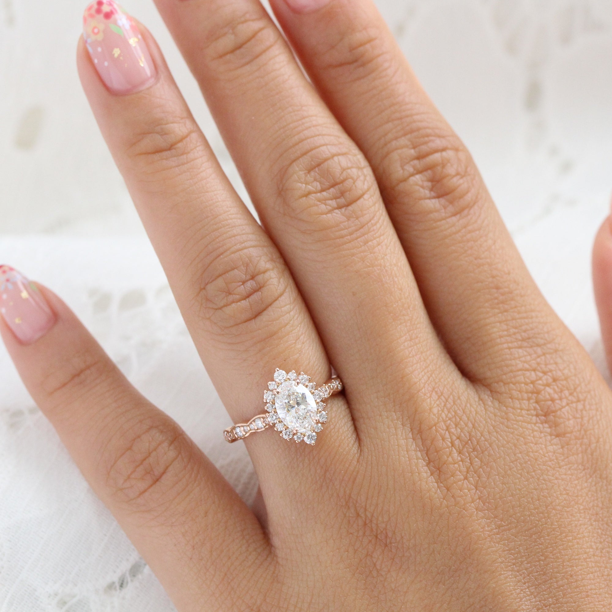 Oval Lab Diamond Scalloped Ring w/ Natural Diamonds in Tiara Halo Ring