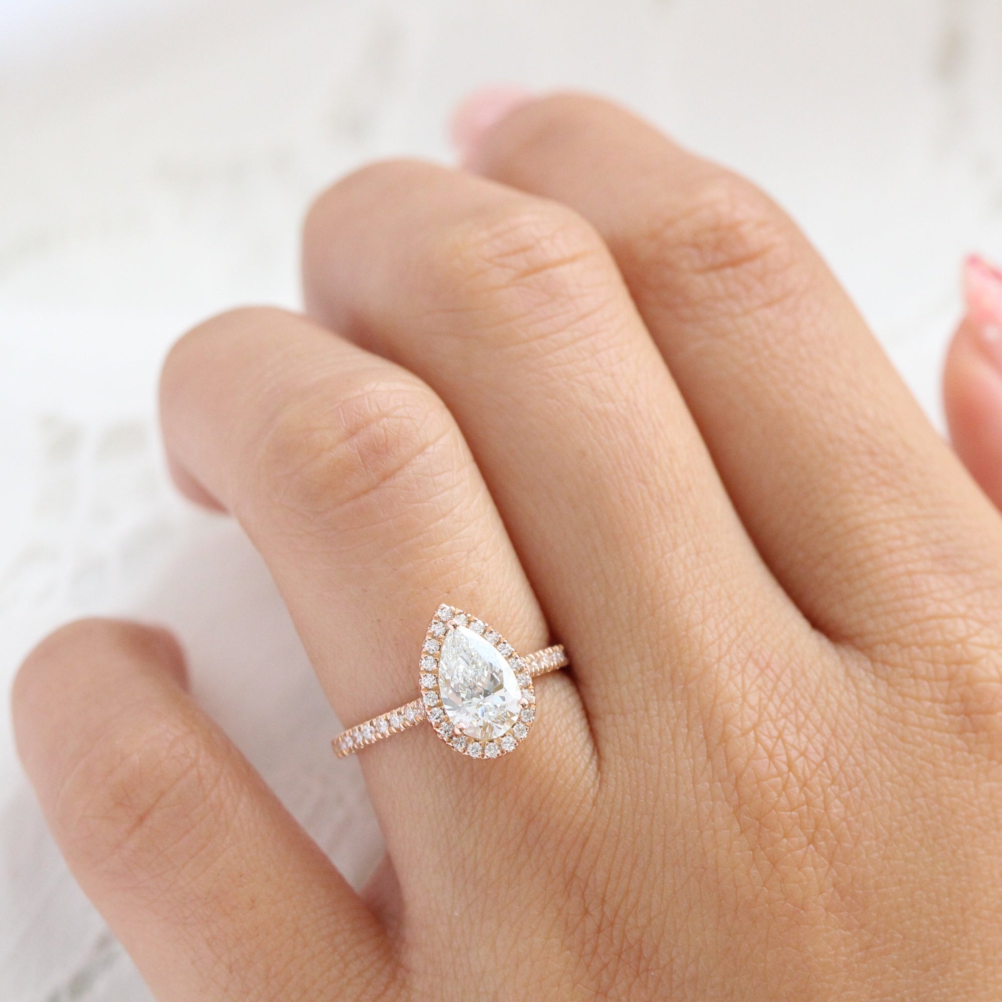 lab diamond ring rose gold pear diamond halo engagement ring La More Design Jewelry