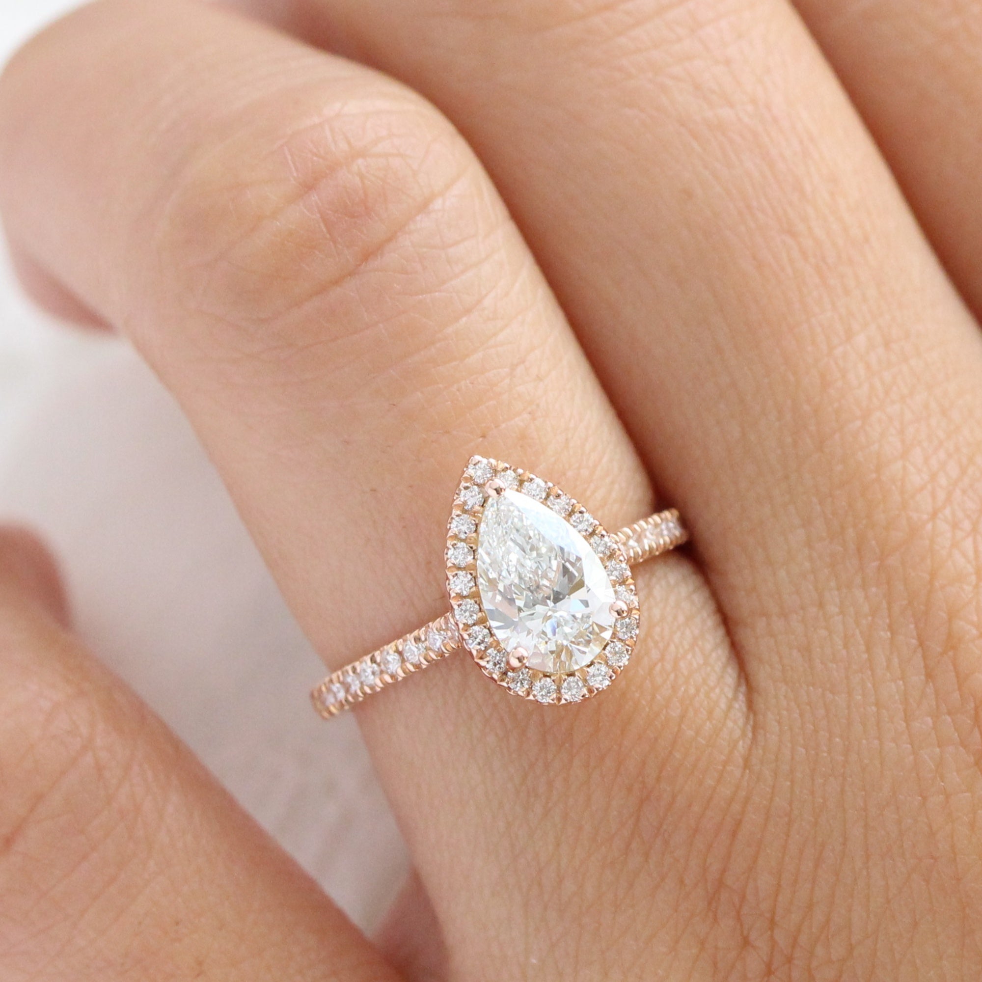 lab diamond ring rose gold pear diamond halo engagement ring La More Design Jewelry