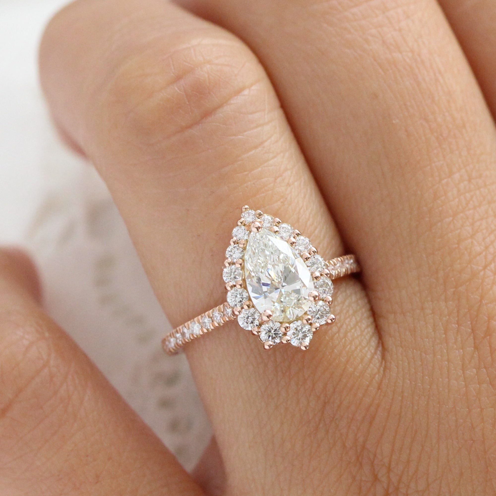 lab diamond ring rose gold pear diamond halo engagement ring La More Design Jewelry