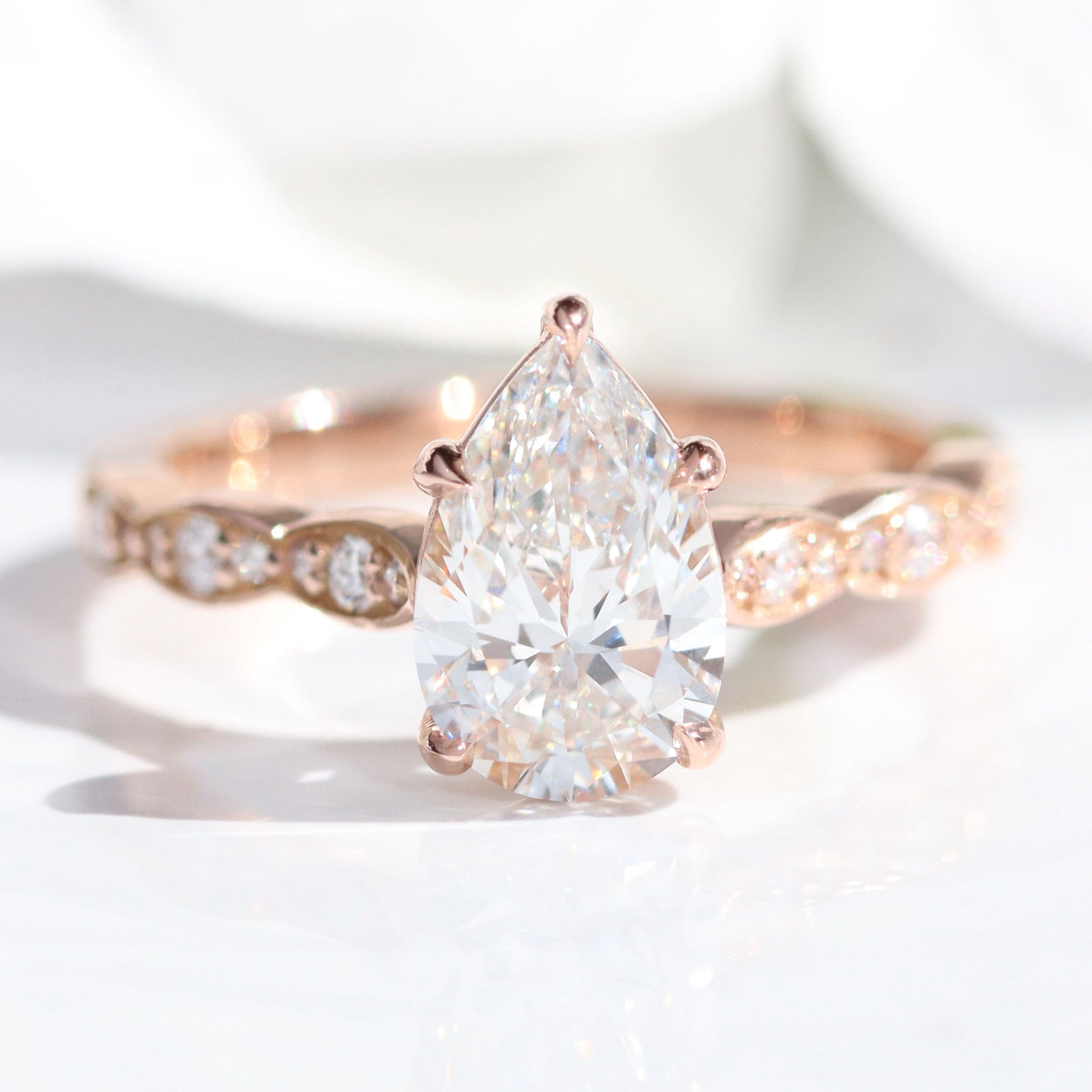 2Ct Pear Lab Diamond Ring Stack Rose Gold Solitaire Ring Bridal Set