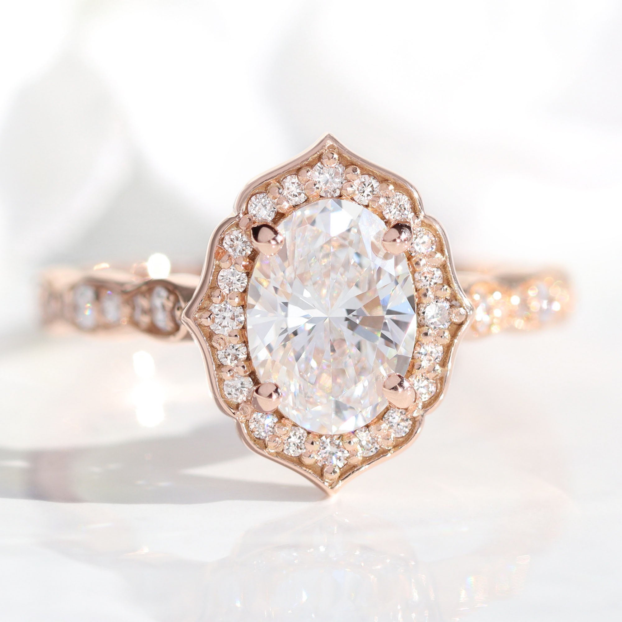 lab diamond ring rose gold vintage halo oval diamond engagement ring La More Design Jewelry