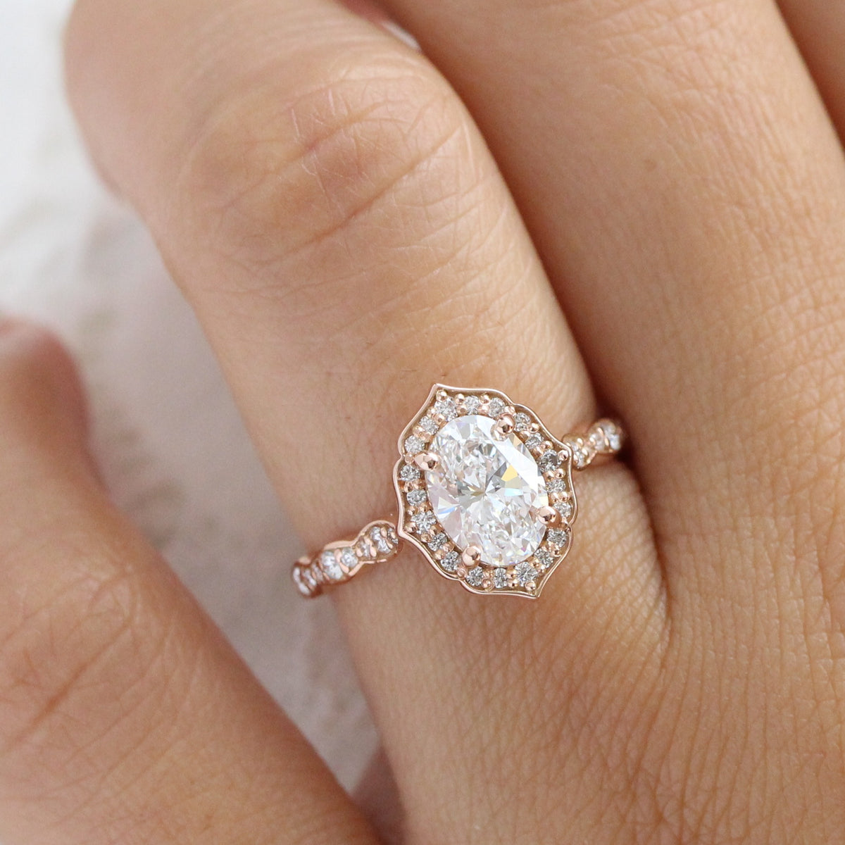 lab diamond ring rose gold vintage halo oval diamond engagement ring La More Design Jewelry