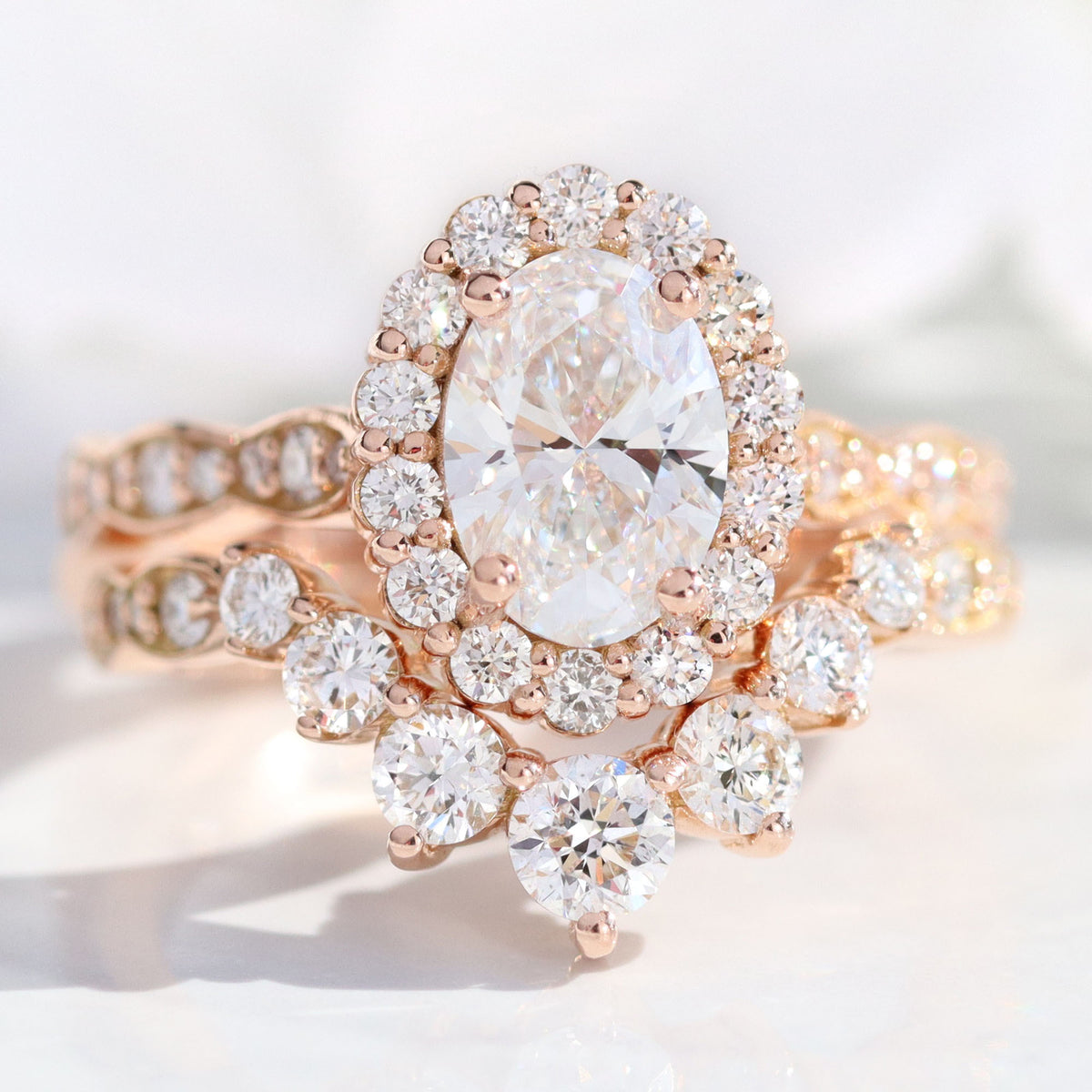 lab diamond ring stack rose gold halo diamond engagement ring set La More Design Jewelry