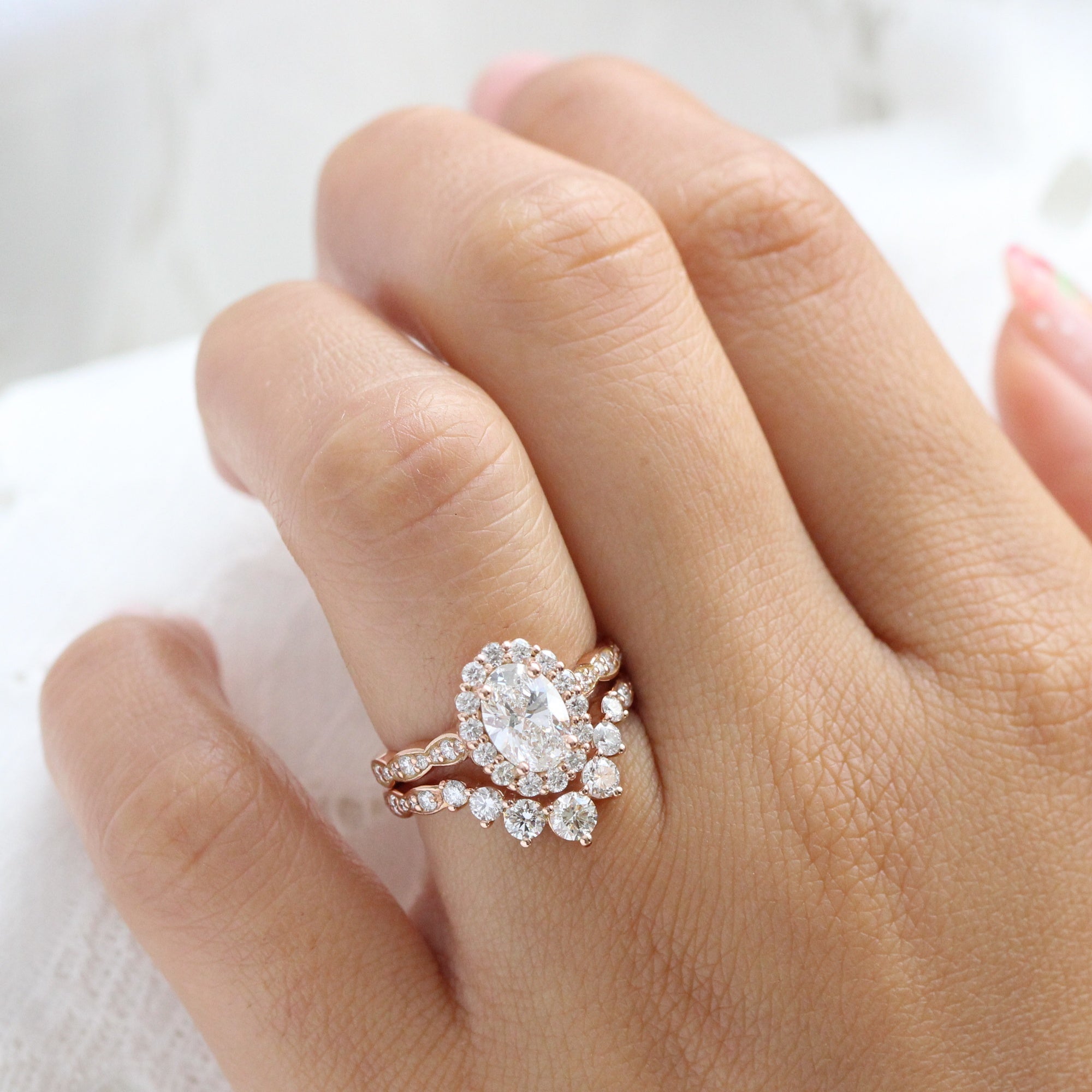 lab diamond ring stack rose gold halo diamond engagement ring set La More Design Jewelry