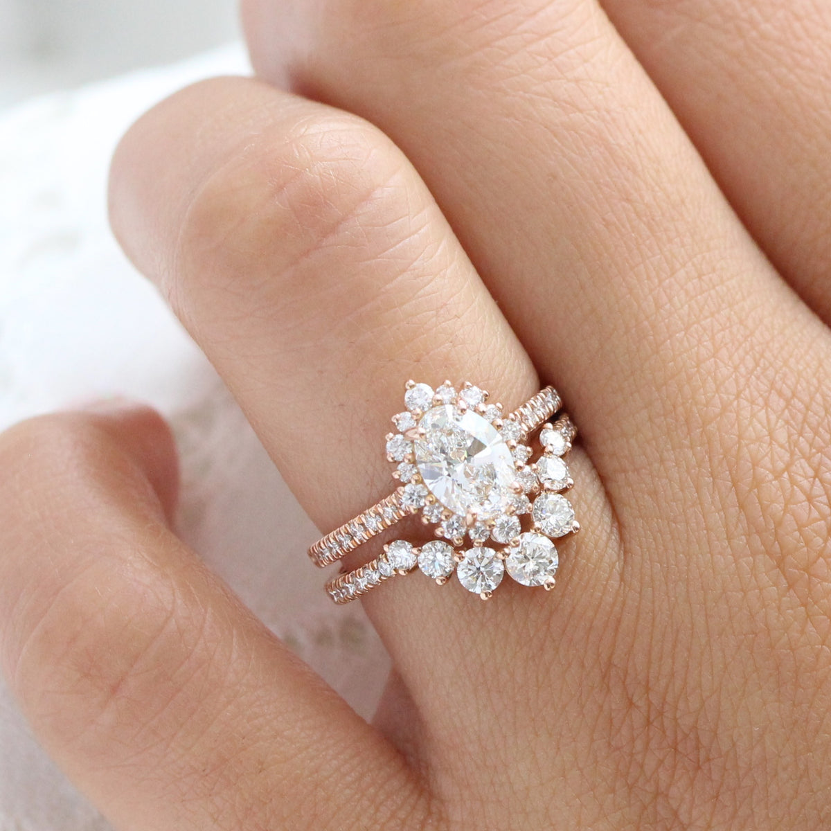 lab diamond ring stack rose gold halo oval diamond engagement ring set La More Design Jewelry