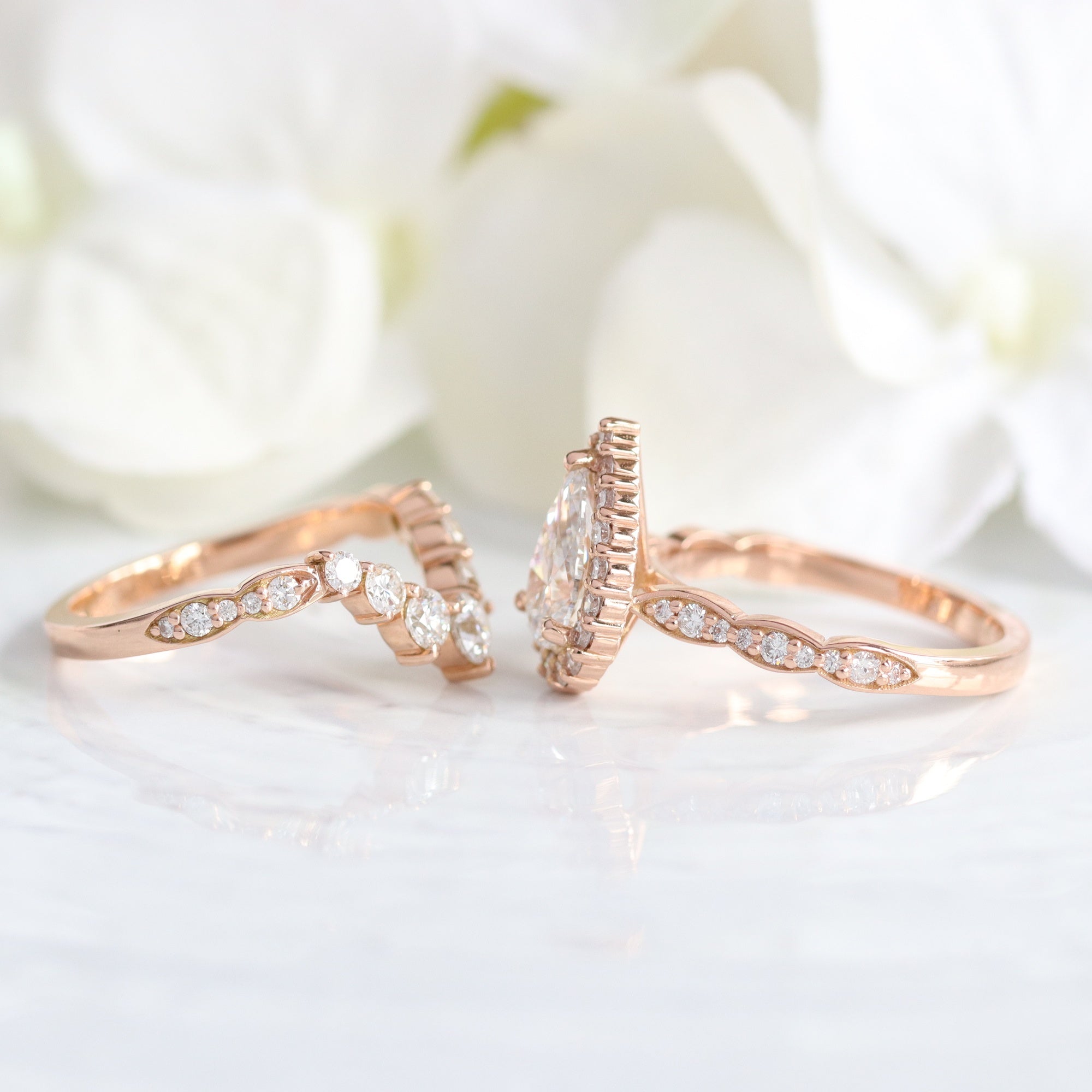 lab diamond ring stack rose gold halo pear diamond engagement ring set La More Design Jewelry