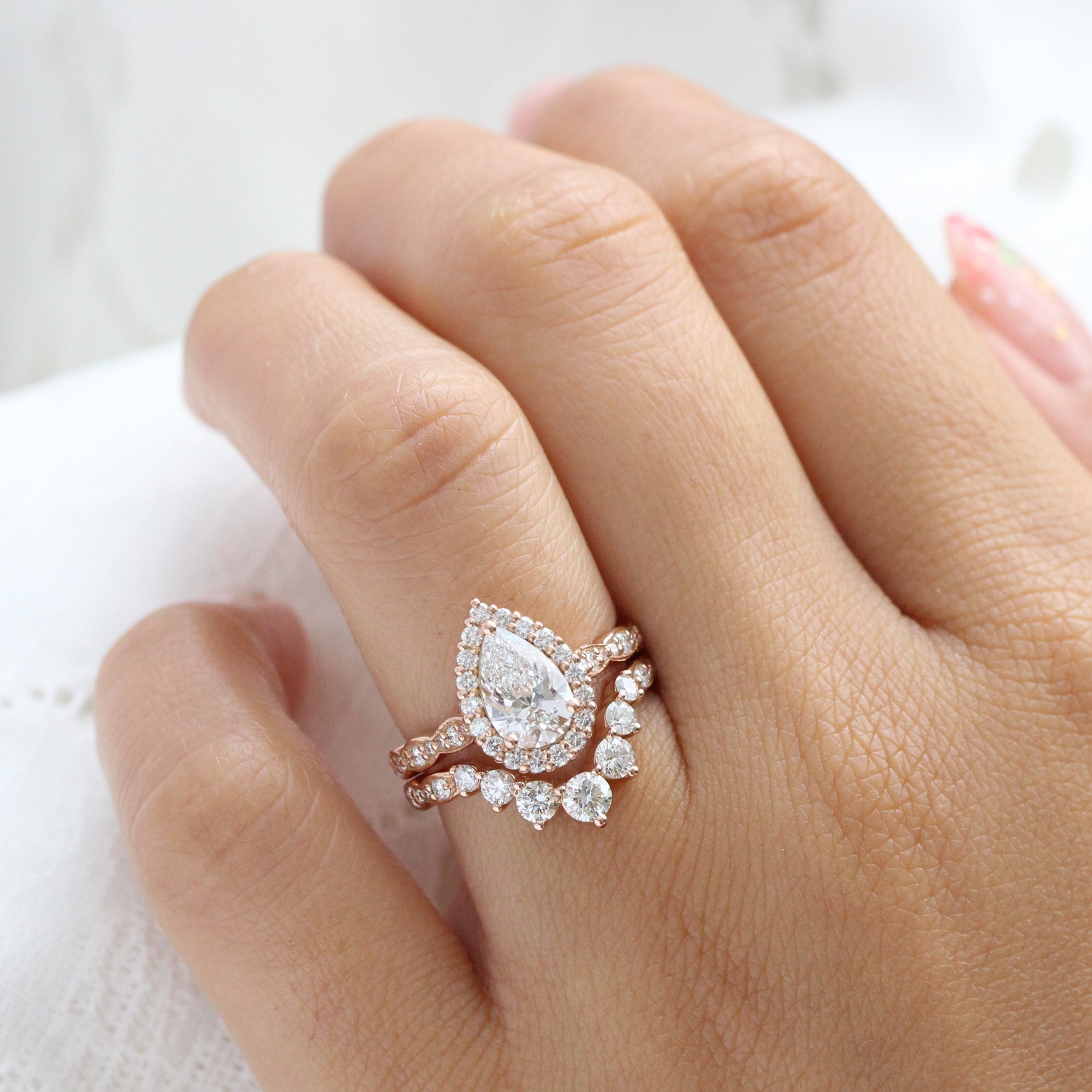 lab diamond ring stack rose gold halo pear diamond engagement ring set La More Design Jewelry