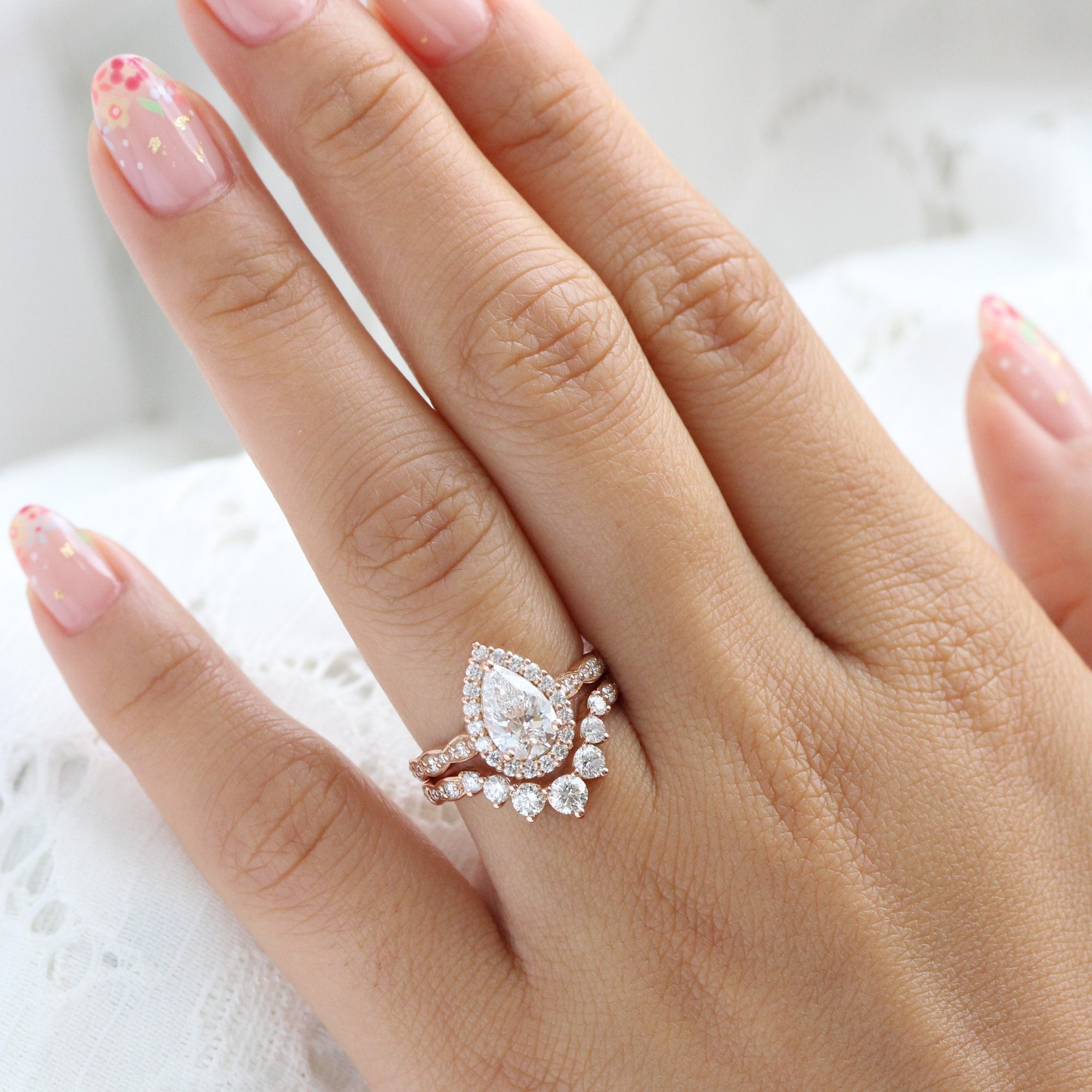 lab diamond ring stack rose gold halo pear diamond engagement ring set La More Design Jewelry