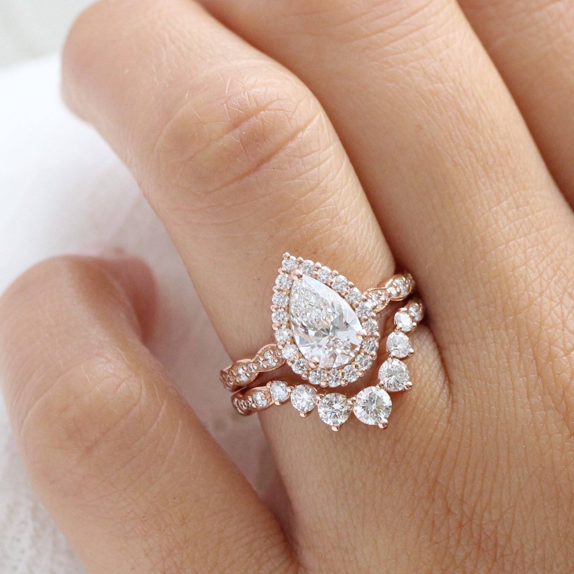 lab diamond ring stack rose gold halo pear diamond engagement ring set La More Design Jewelry