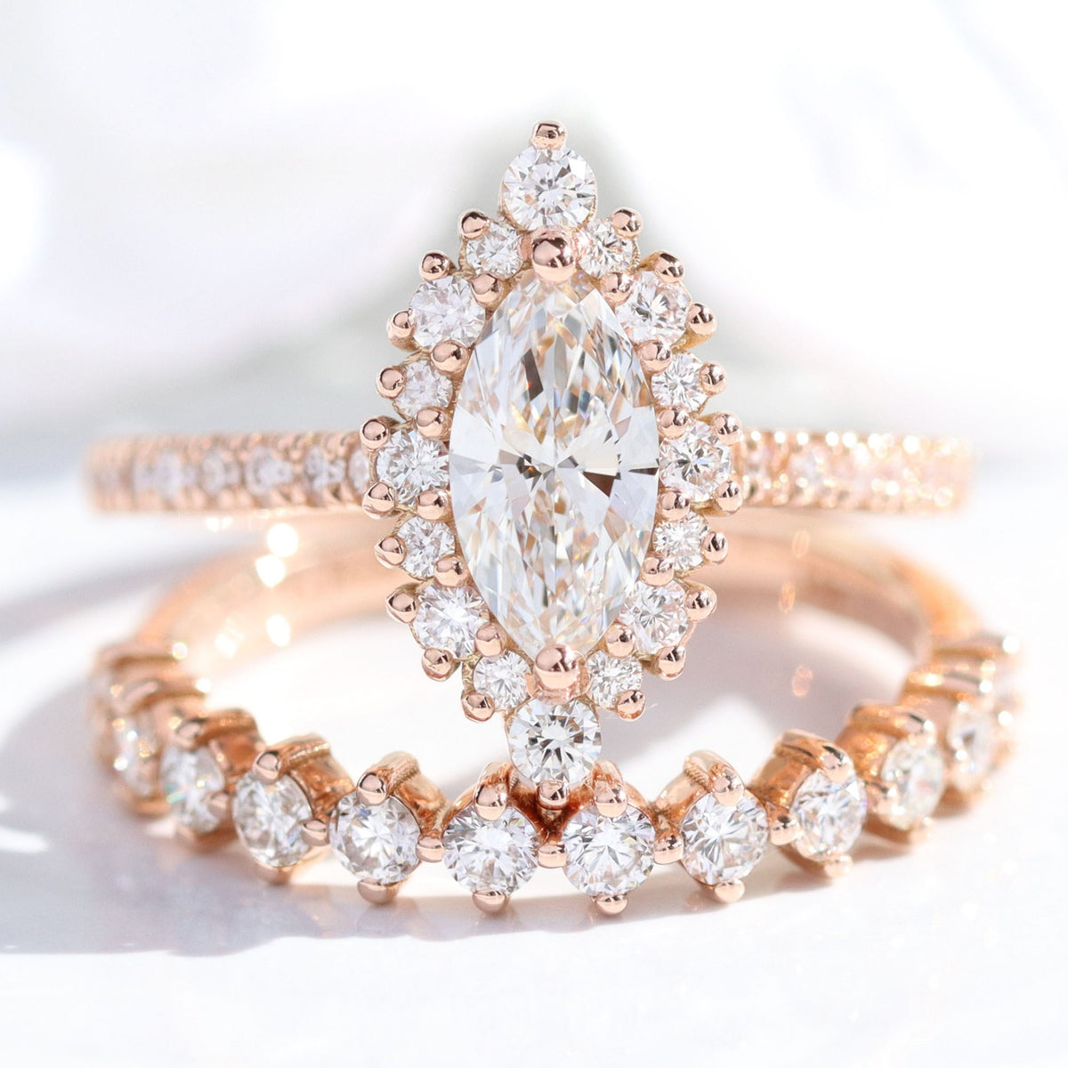 lab diamond ring stack rose gold marquise diamond halo engagement ring set La More Design Jewelry