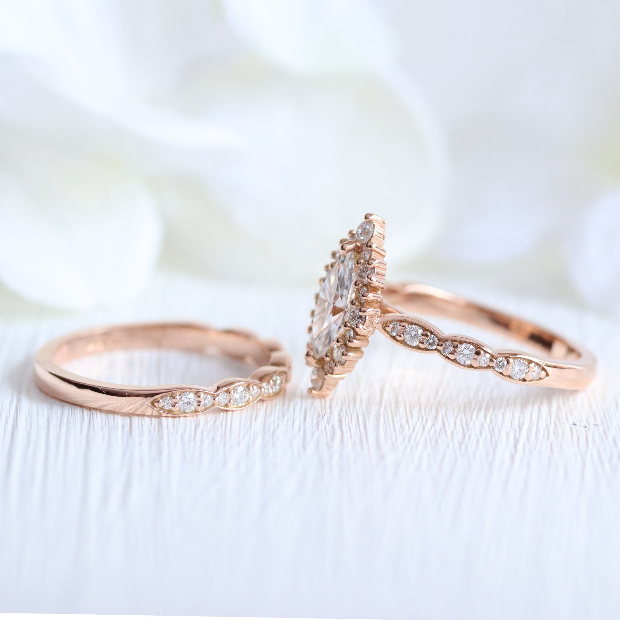 lab diamond ring stack rose gold marquise diamond halo engagement ring set La More Design Jewelry