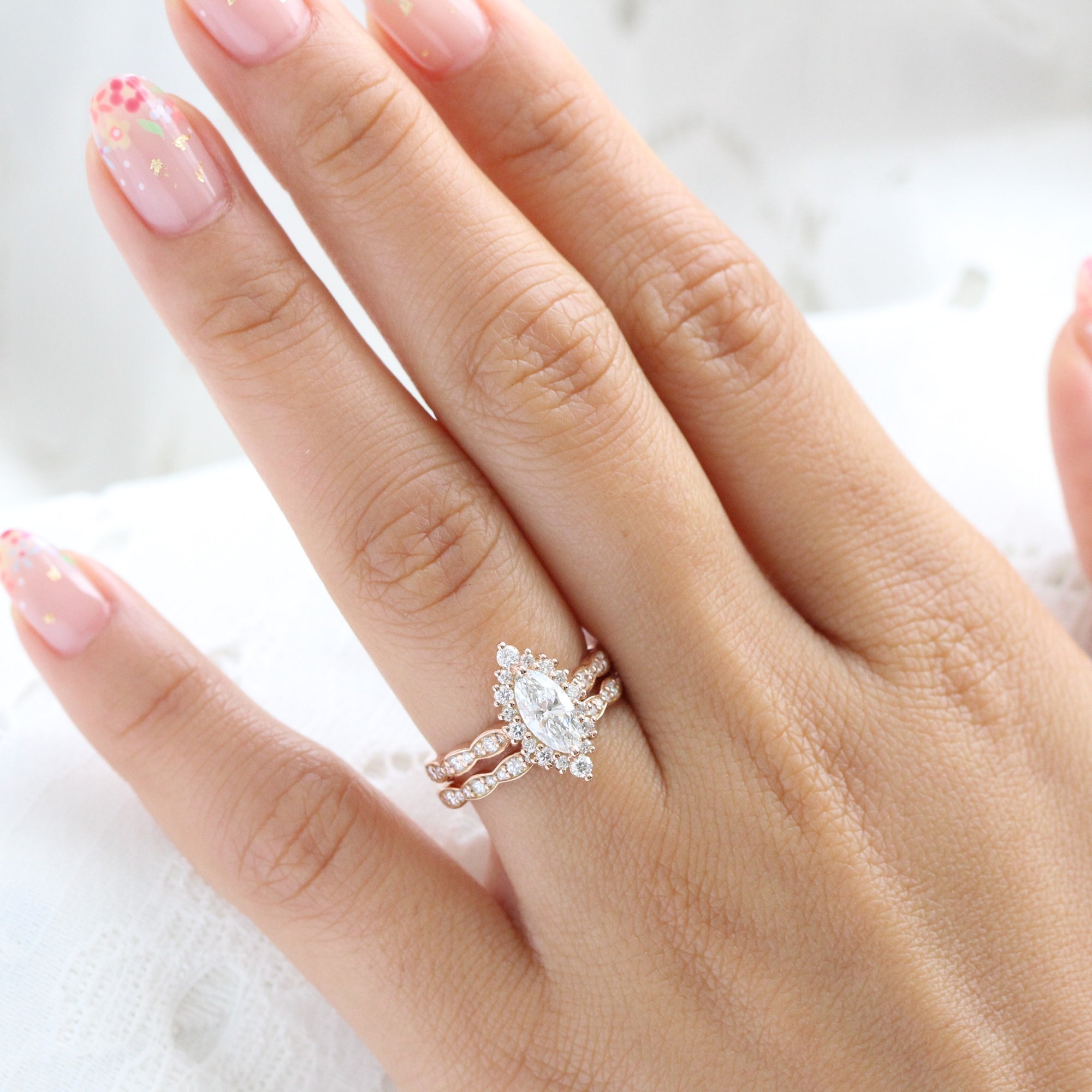 lab diamond ring stack rose gold marquise diamond halo engagement ring set La More Design Jewelry