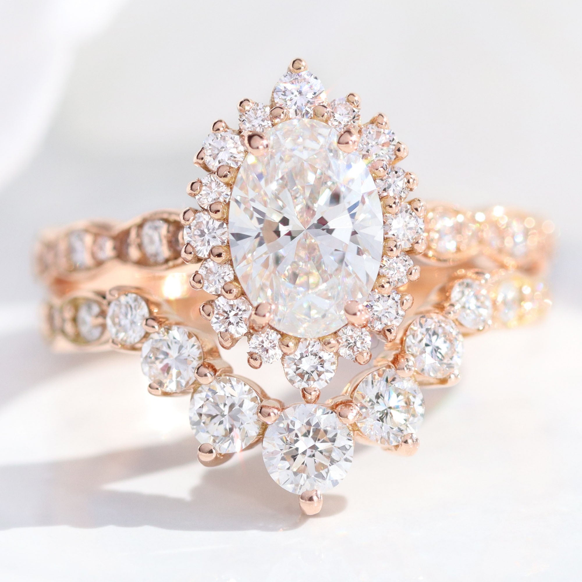 lab diamond ring stack rose gold oval diamond halo engagement ring set La More Design Jewelry