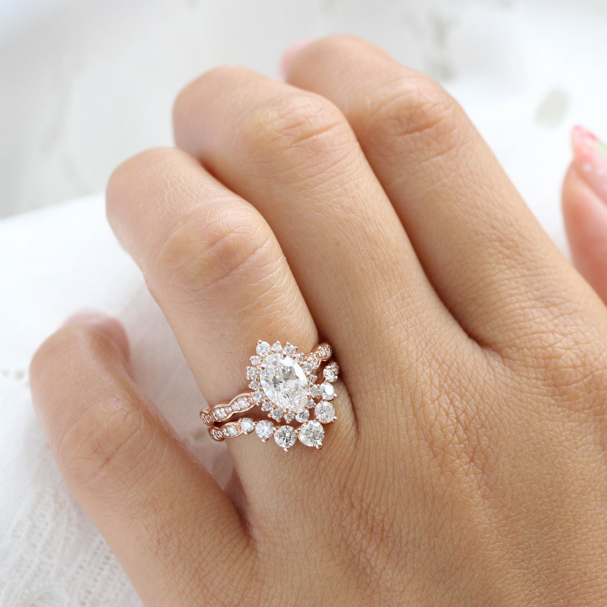 Oval Lab Diamond Halo Ring Set Rose Gold Big Diamond Curved Band | La ...