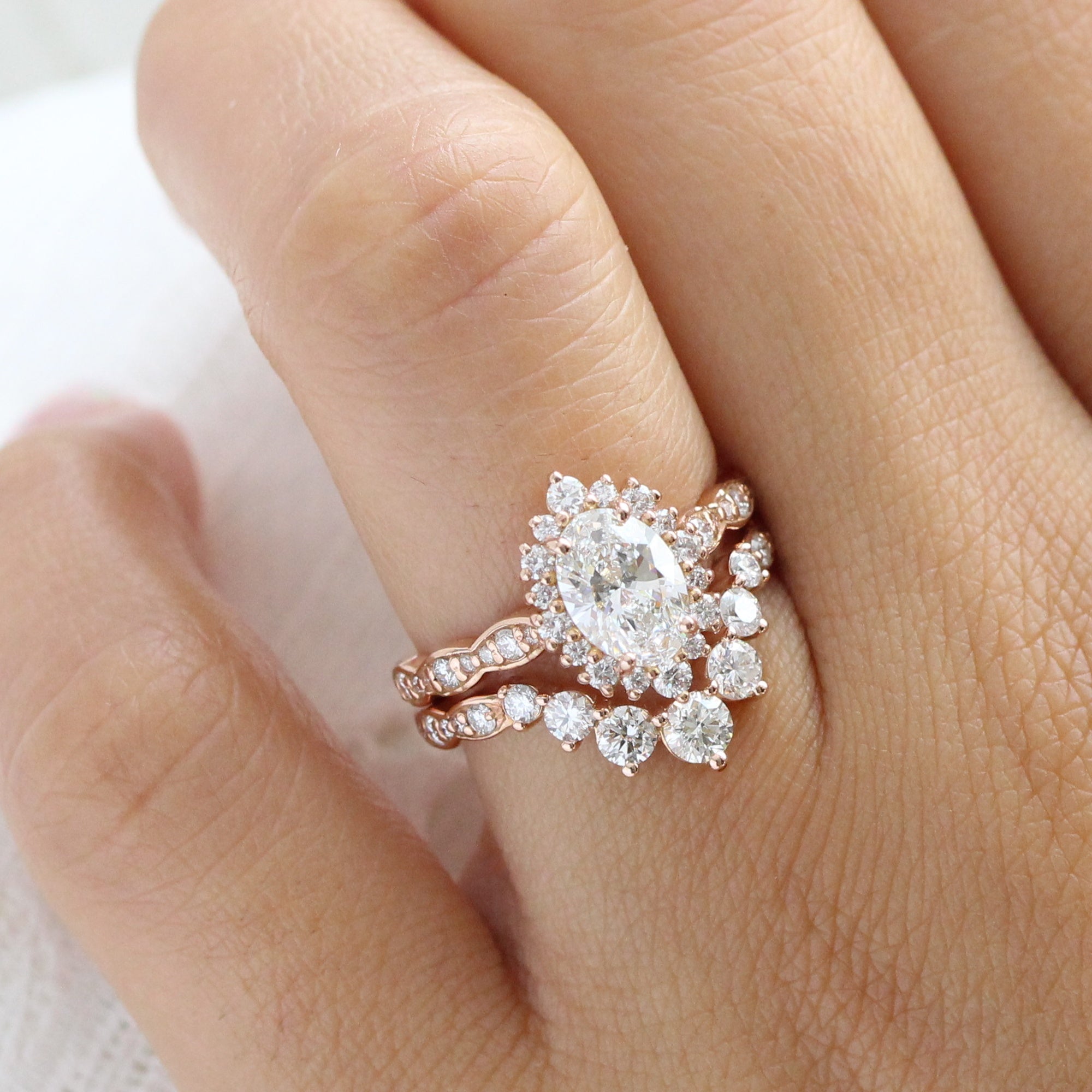 lab diamond ring stack rose gold oval diamond halo engagement ring set La More Design Jewelry